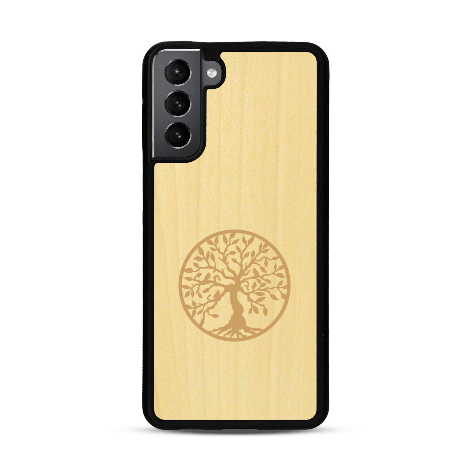 Coque de protection en bois véritable fabriquée en France pour  sur le thème de la spiritualité et du yoga avec une gravure zen représentant un arbre de vie