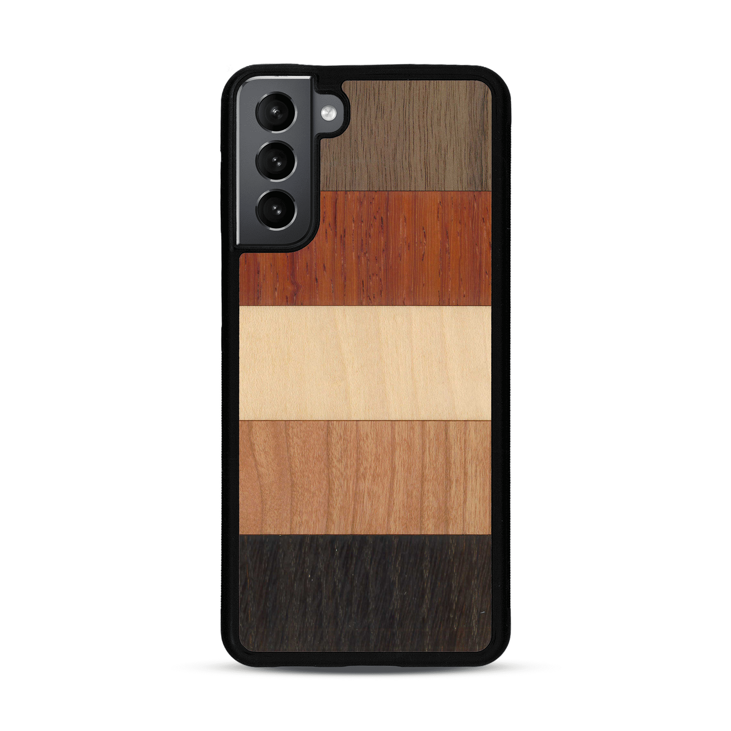 Coque de protection en bois véritable fabriquée en France pour  alliant des bandes horizontales de bambou, merisier, padouk, noyer et chêne fumé