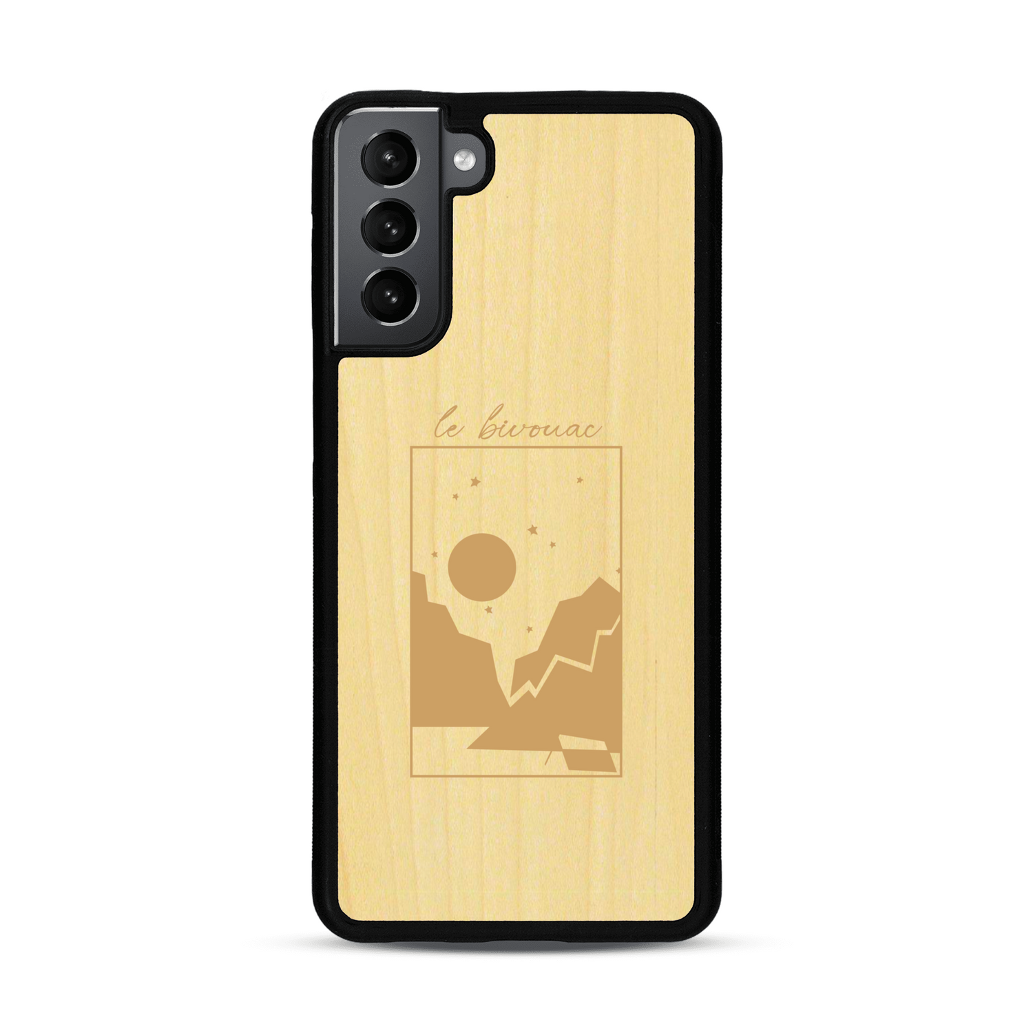 Coque de protection en bois véritable fabriquée en France pour  sur le thème du camping en pleine nature et du bivouac avec la phrase "Aventure is out there"