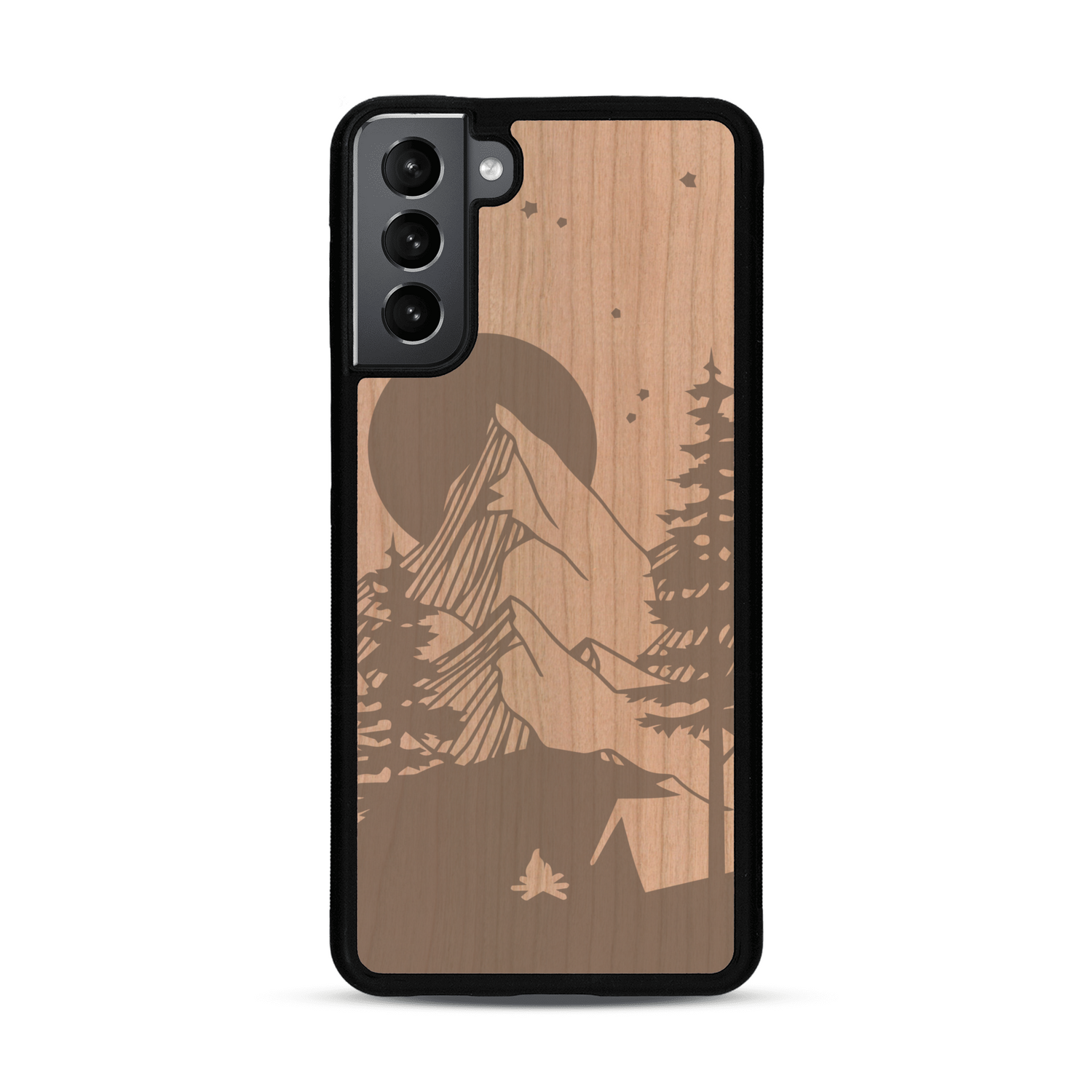 Coque de protection en bois véritable fabriquée en France pour  sur le thème du camping en pleine nature représentant une tente avec un feu de camp entouré de montagnes