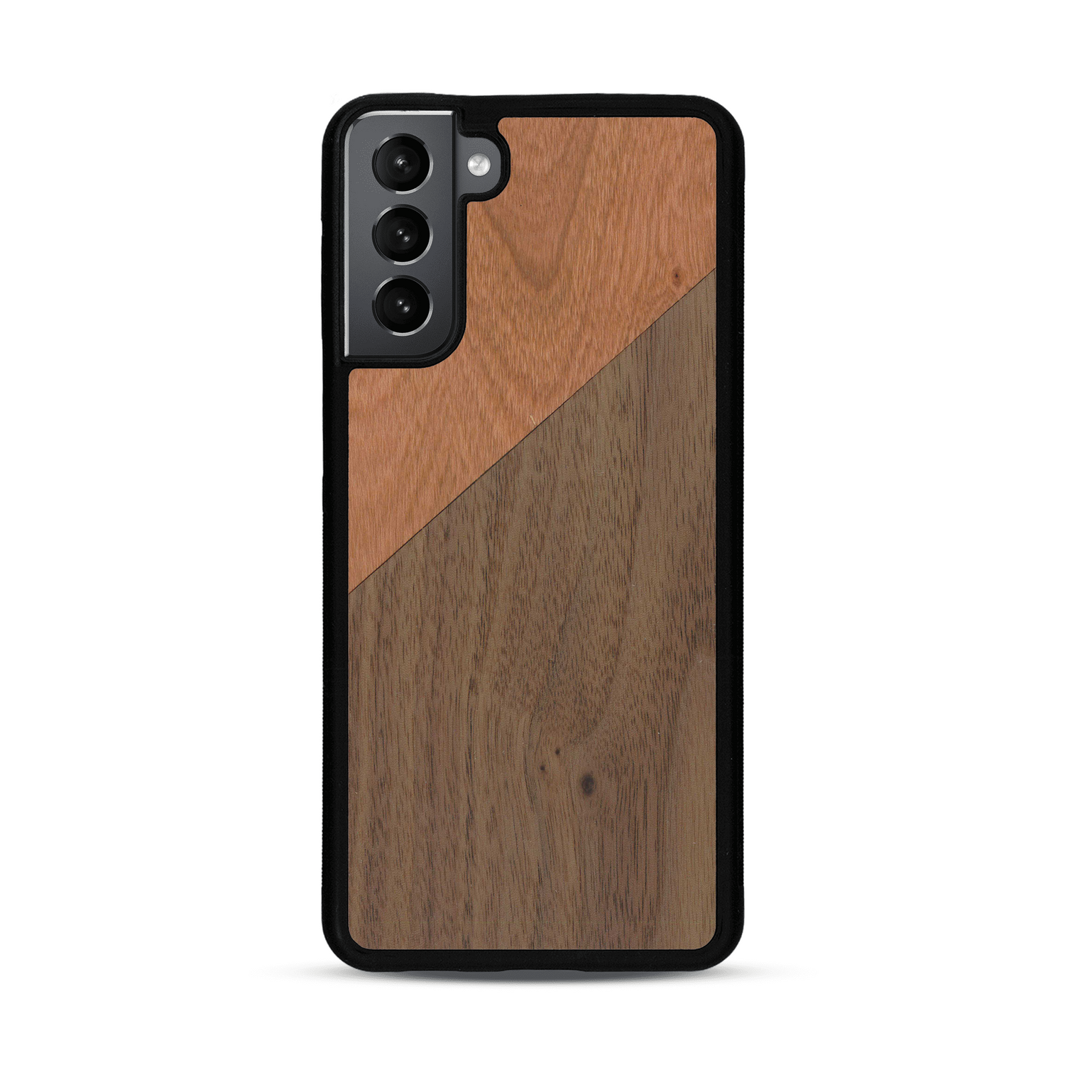 Coque de protection en bois véritable fabriquée en France pour  alliant du merisier et du noyer formant chacun un triangle avec une jointure en diagonale sur le thème de l'art abstrait