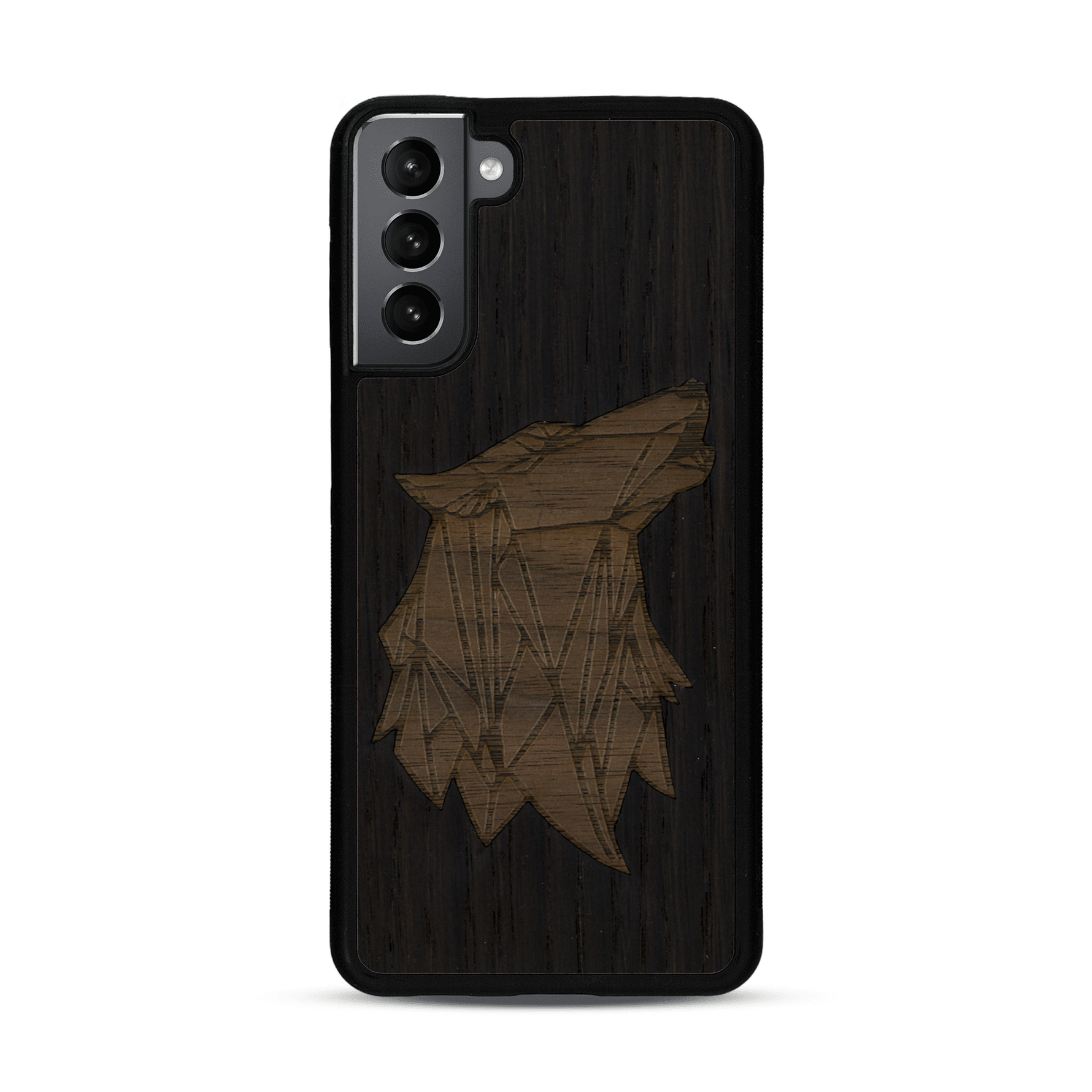 Coque de protection en bois véritable fabriquée en France pour  alliant du chêne fumé et du noyer représentant une tête de loup géométrique de profil sur le thème des animaux et de la nature
