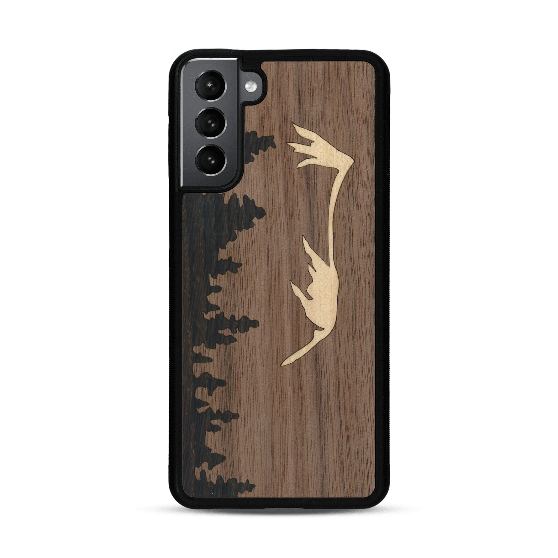 Coque de protection en bois véritable fabriquée en France pour  sur le thème de la nature et de la montagne qui allie du chêne fumé, du noyer et du bambou représentant le mont mézenc
