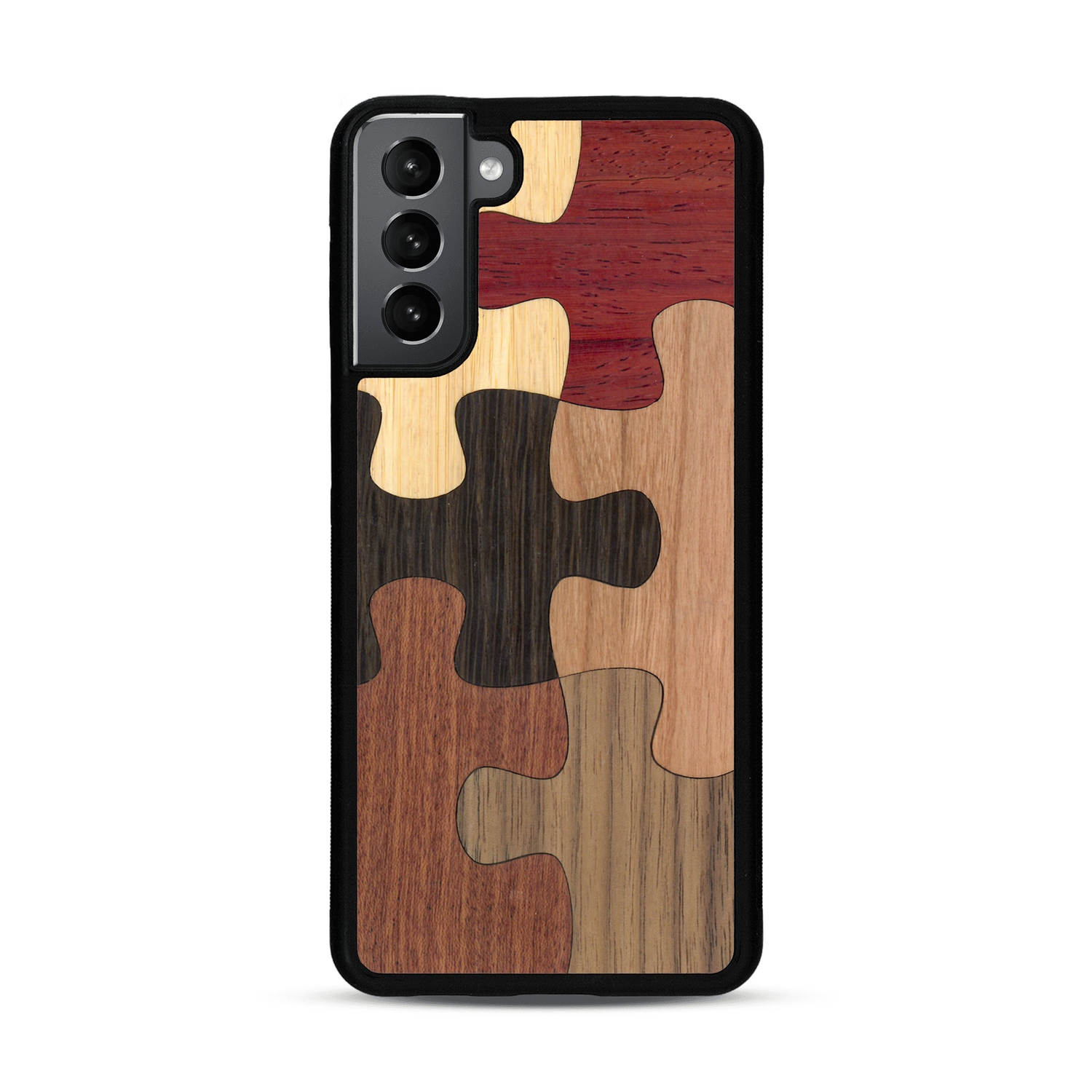 Coque de protection en bois véritable fabriquée en France pour  représentant un puzzle en six pièces qui allie du chêne fumé, du noyer, du bambou, du padouk, du merisier et de l'acajou