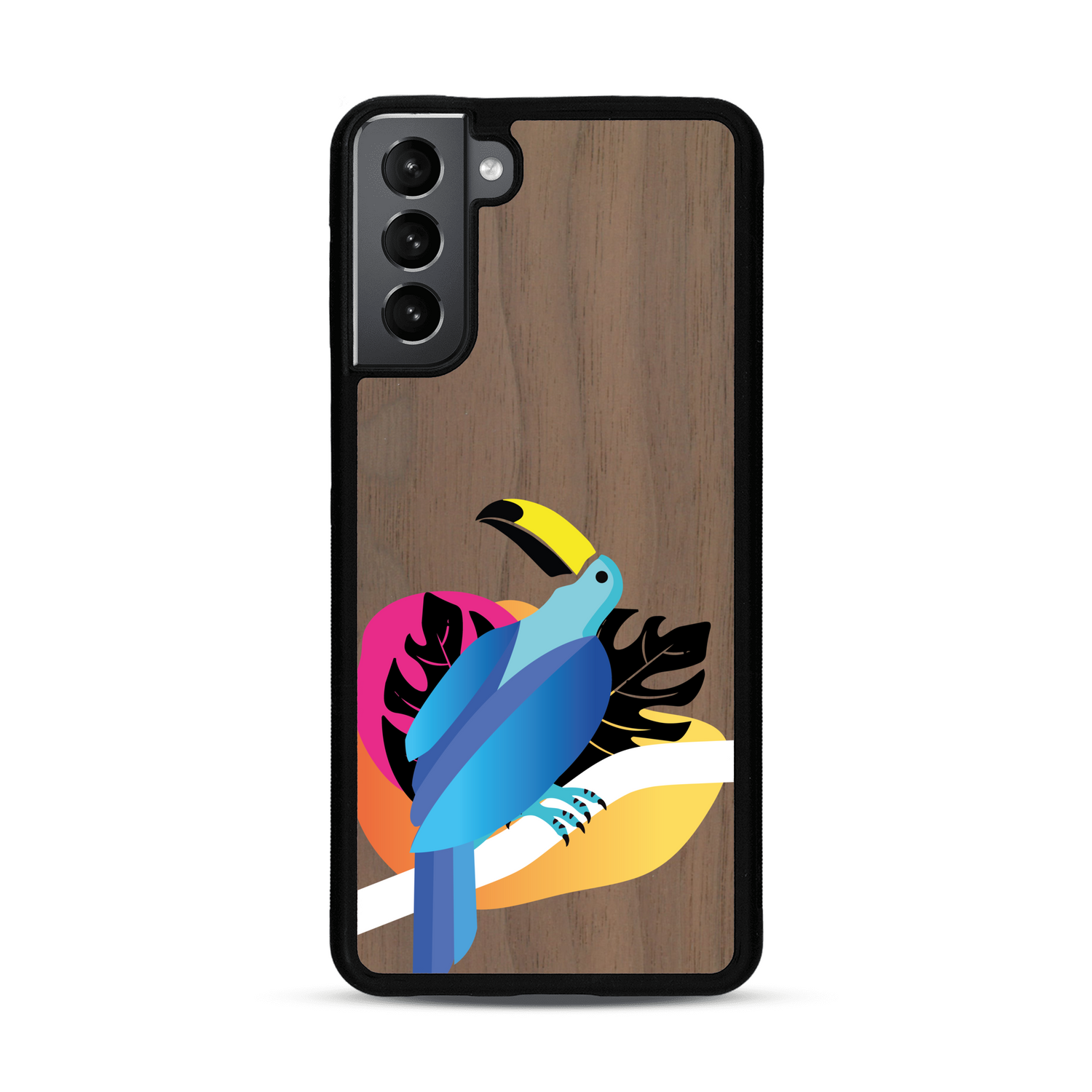 Coque de protection en bois véritable fabriquée en France pour Samsung S21+ représentant un toucan coloré avec un design moderne et minimaliste sur le thème de la jungle et de la nature