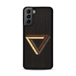 Coque de protection en bois véritable fabriquée en France pour  sur le thème de l'art géométrique qui allie du chêne fumé, du noyer, du bambou et du padouk représentant le triangle de penrose