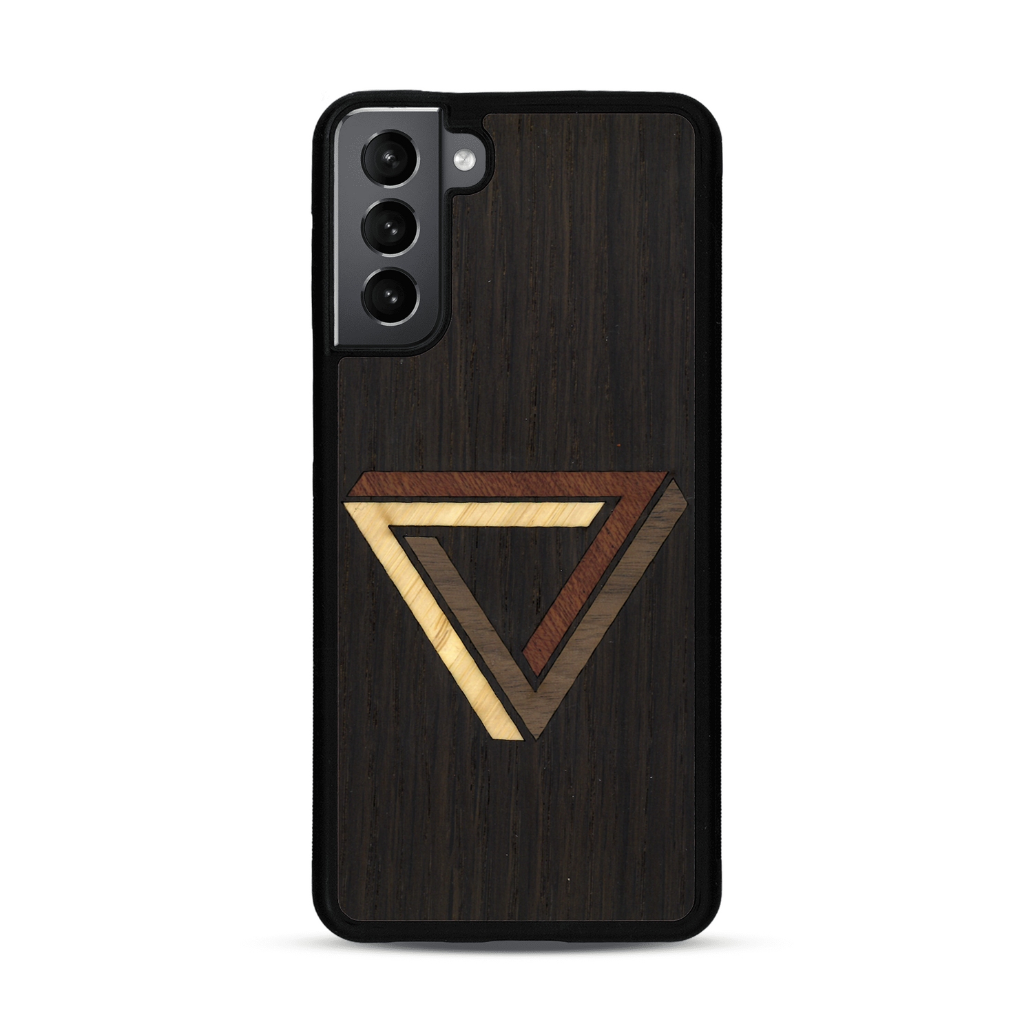 Coque de protection en bois véritable fabriquée en France pour  sur le thème de l'art géométrique qui allie du chêne fumé, du noyer, du bambou et du padouk représentant le triangle de penrose