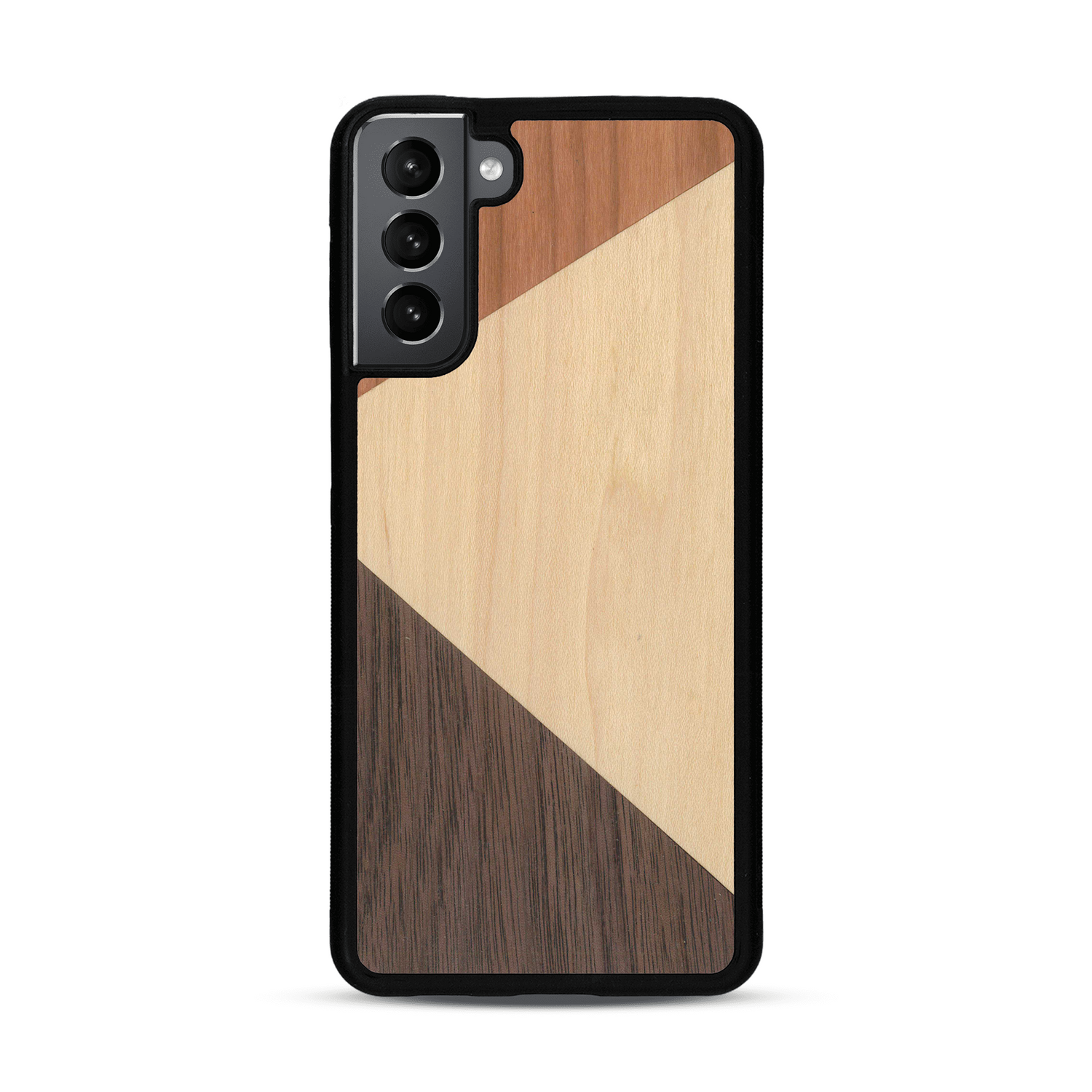 Coque de protection en bois véritable fabriquée en France pour  alliant du merisier, du noyer et du bambou formant chacun deux triangles et un trapèze avec deux jointures en diagonale sur le thème de l'art abstrait