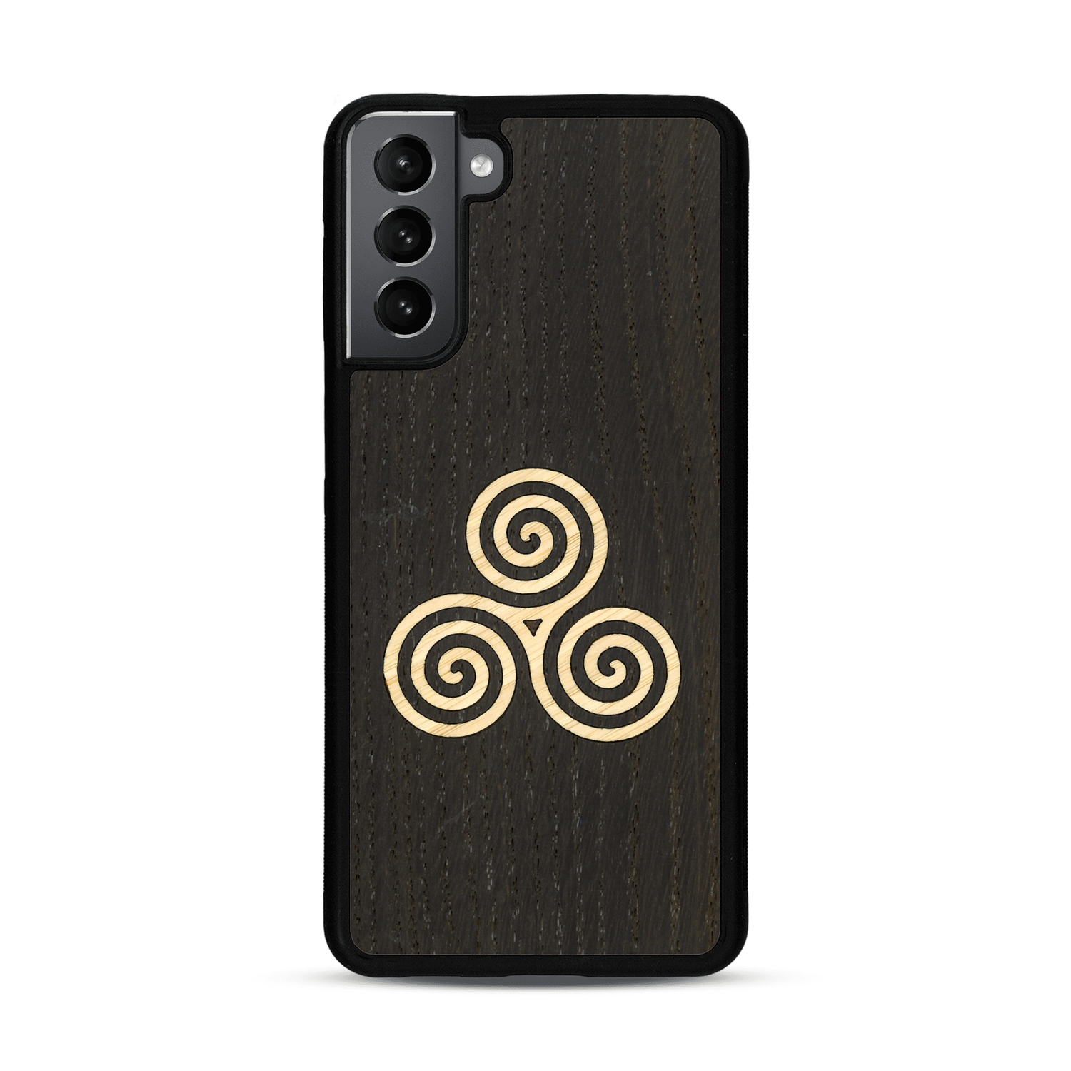 Coque de protection en bois véritable fabriquée en France pour  alliant du chêne fumé et du bambou et doré représentant un triskell