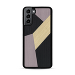 Coque de protection en bois véritable fabriquée en France pour  alliant du bambou, du tulipier mauve et noir en forme de mosaïque minimaliste sur le thème de l'art abstrait