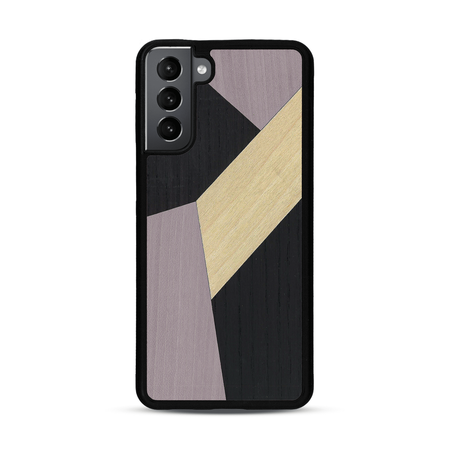 Coque de protection en bois véritable fabriquée en France pour  alliant du bambou, du tulipier mauve et noir en forme de mosaïque minimaliste sur le thème de l'art abstrait