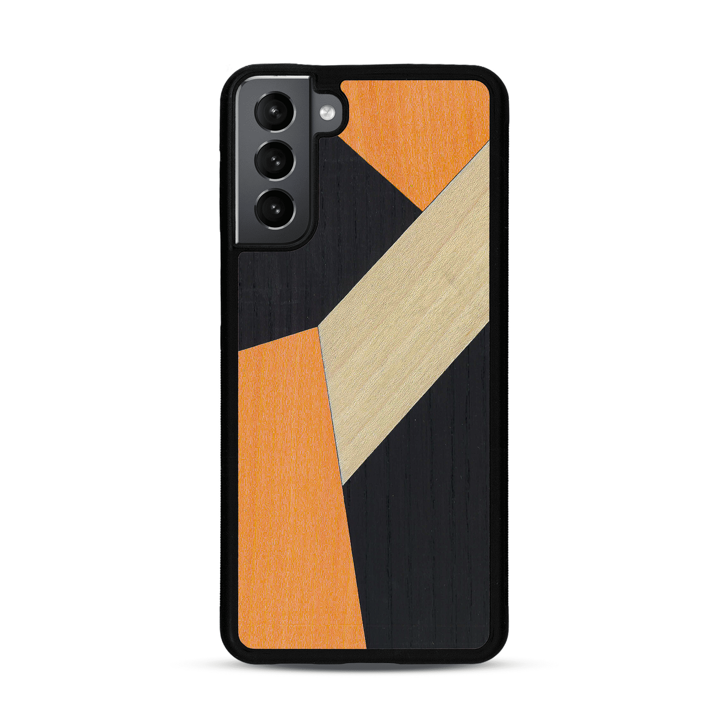 Coque de protection en bois véritable fabriquée en France pour  alliant du bambou, du tulipier orange et noir en forme de mosaïque minimaliste sur le thème de l'art abstrait
