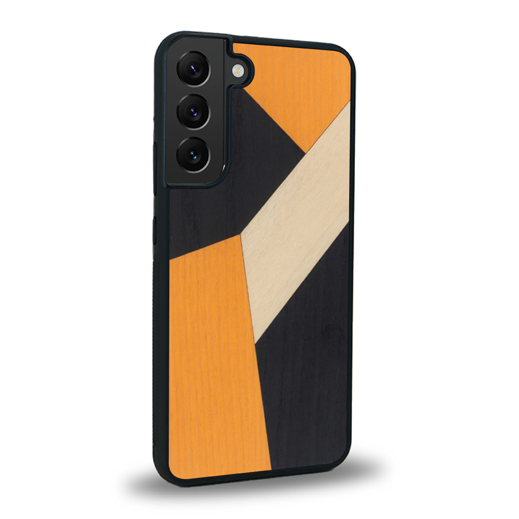 Coque de protection en bois véritable fabriquée en France pour Samsung S21+ alliant du bambou, du tulipier orange et noir en forme de mosaïque minimaliste sur le thème de l'art abstrait