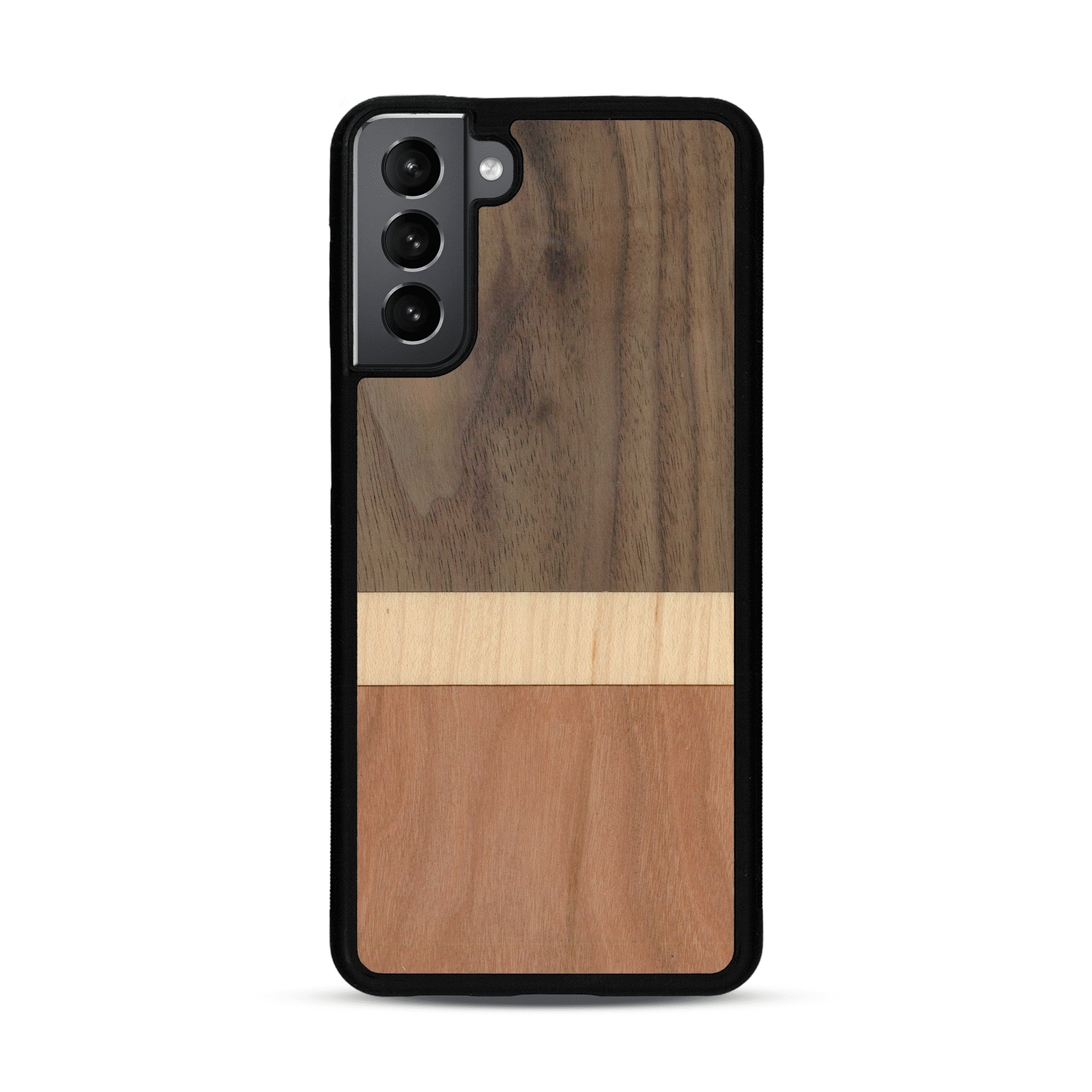 Coque de protection en bois véritable fabriquée en France pour  alliant des bandes horizontales de bambou, merisier et noyer