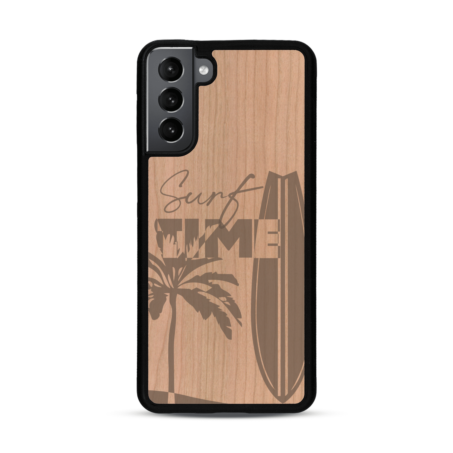 Coque de protection en bois véritable fabriquée en France pour  sur le thème chill avec un motif représentant une silouhette tenant une planche de surf sur une plage entouré de palmiers et les mots "Surf Time Long Beach Miami"