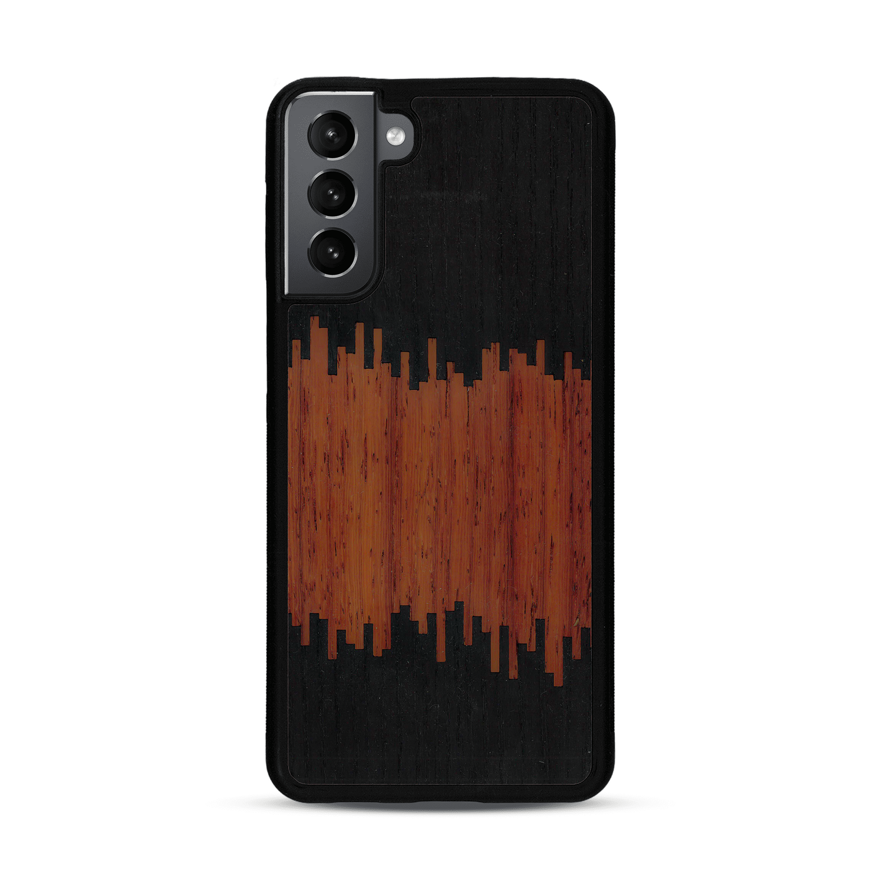 Coque de protection en bois véritable fabriquée en France pour  alliant plusieurs essences de bois pour représenter du magma en fusion
