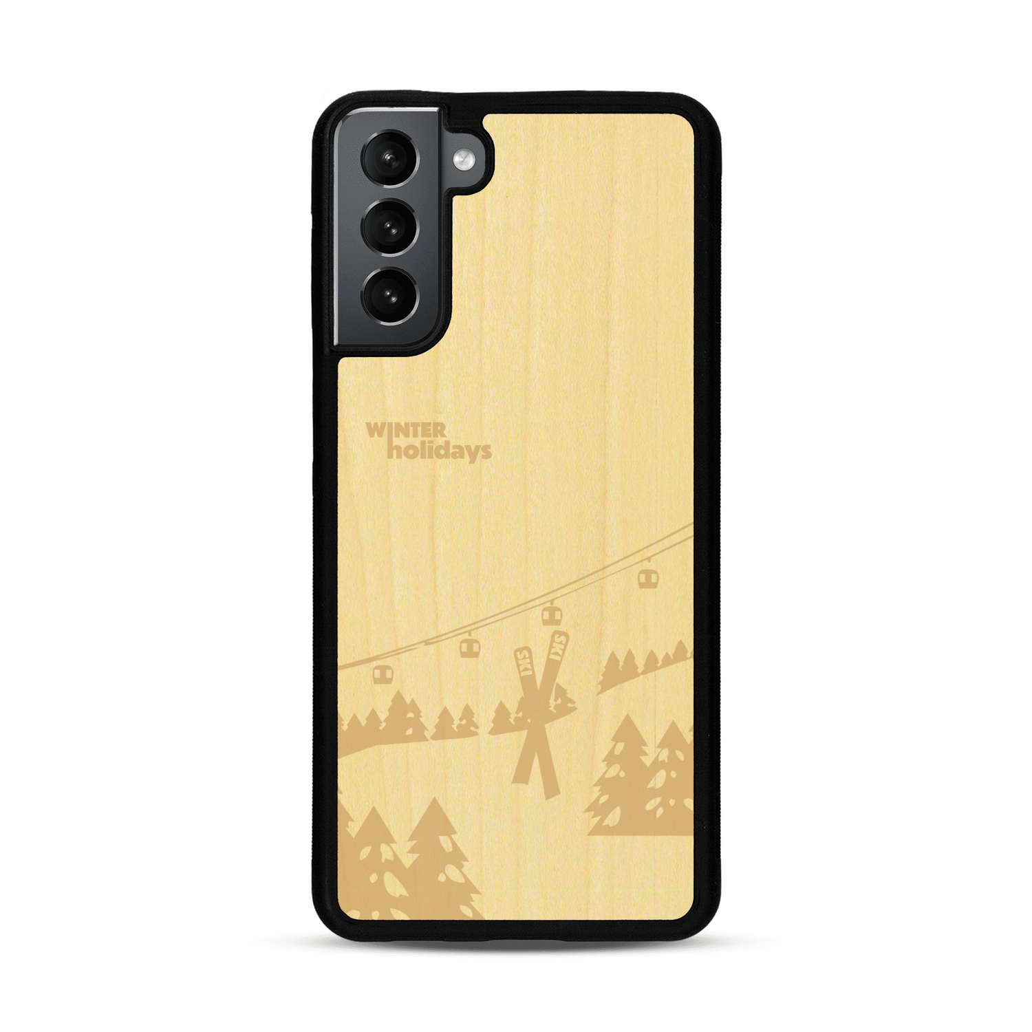 Coque de protection en bois véritable fabriquée en France pour  sur le thème de la montagne, du ski et de la neige avec un motif représentant une paire de ski plantée dans la neige avec en fond des montagnes enneigées