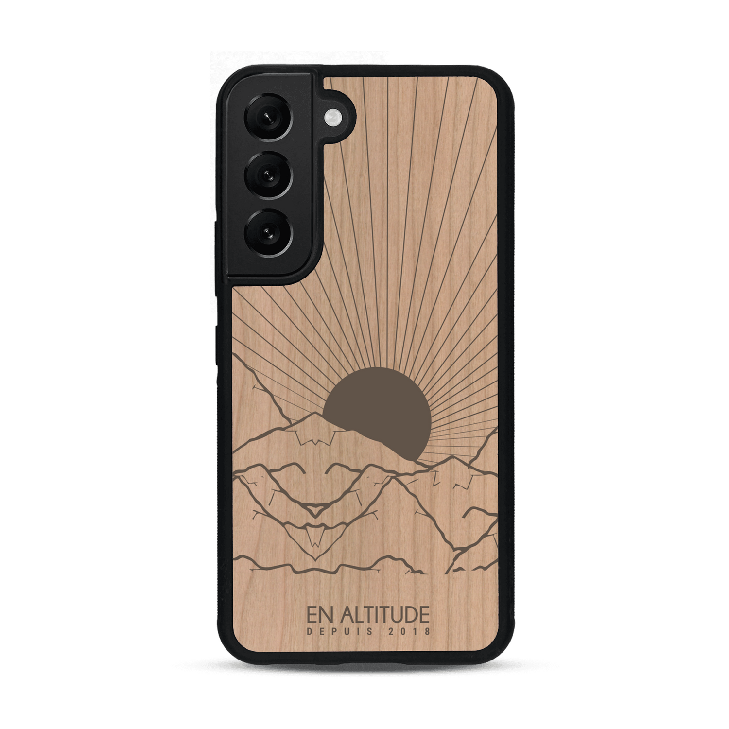 Coque de protection en bois véritable fabriquée en France pour  représentant des montagnes, sur le thème de la randonnée en pleine nature et du trail