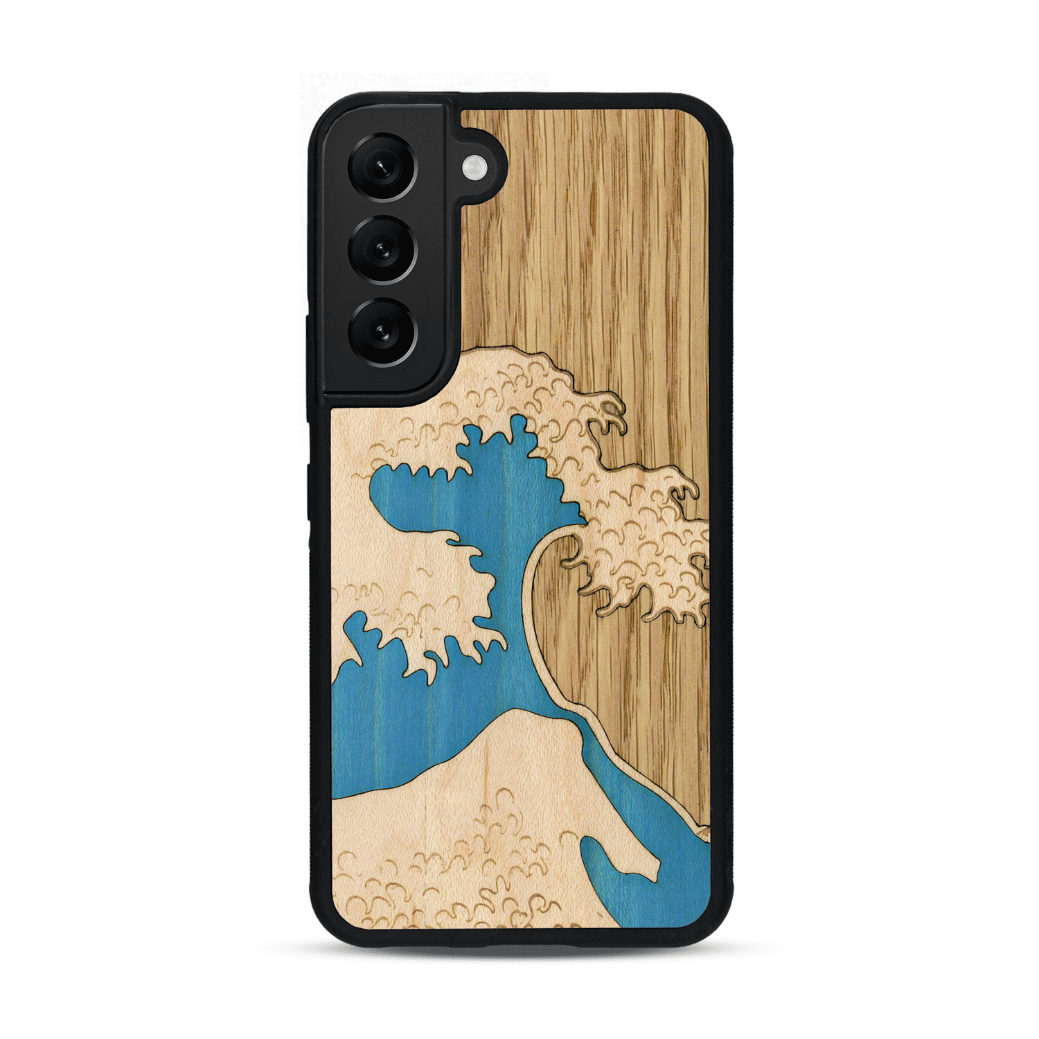 Coque de protection en bois véritable fabriquée en France pour  alliant plusieurs essences de bois pour représenter la célèbre grande vague de Kanagawa
