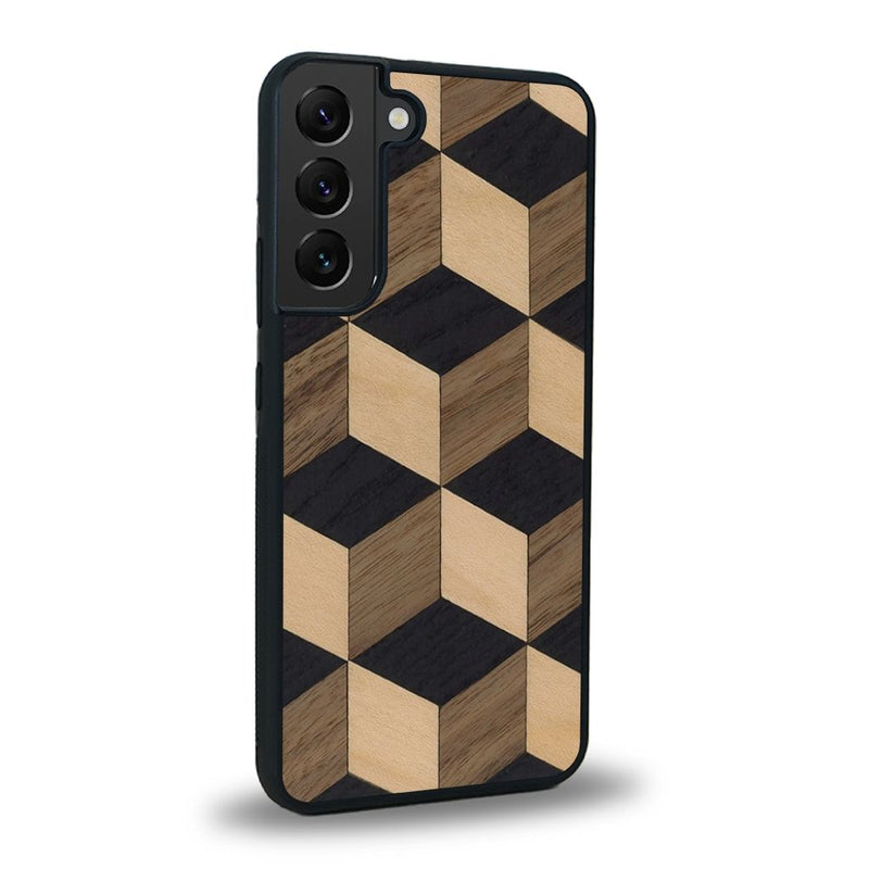 Coque de protection en bois véritable fabriquée en France pour Samsung S22 alliant plusieurs essences de bois pour représenter un classique intemporel de la marqueterie