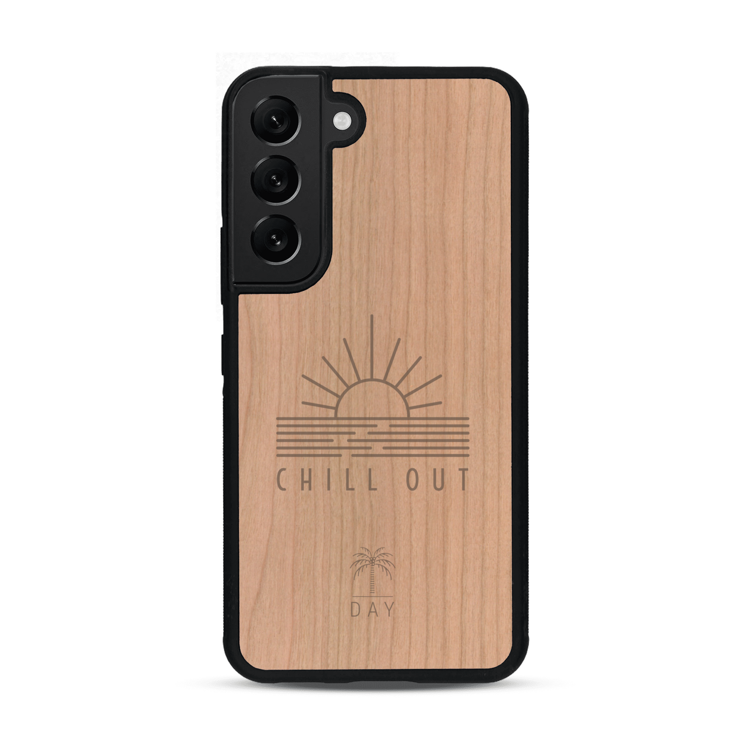 Coque de protection en bois véritable fabriquée en France pour  sur le thème chill avec un motif représentant un couché de soleil sur l'océan et la phrase "Chill out"