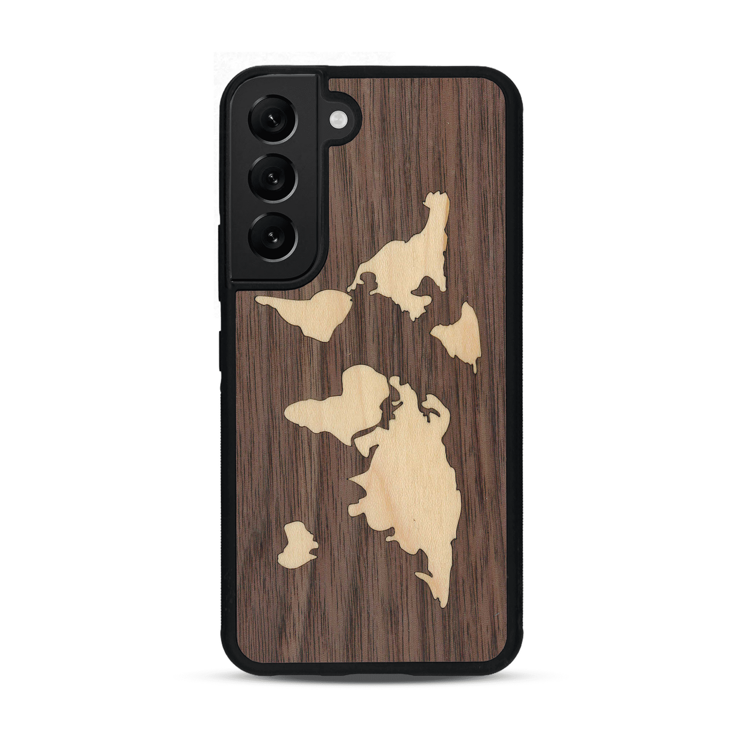 Coque de protection en bois véritable fabriquée en France pour  alliant du bambou et du noyer sur le thème du voyage et de l'aventure représentant une mappemonde