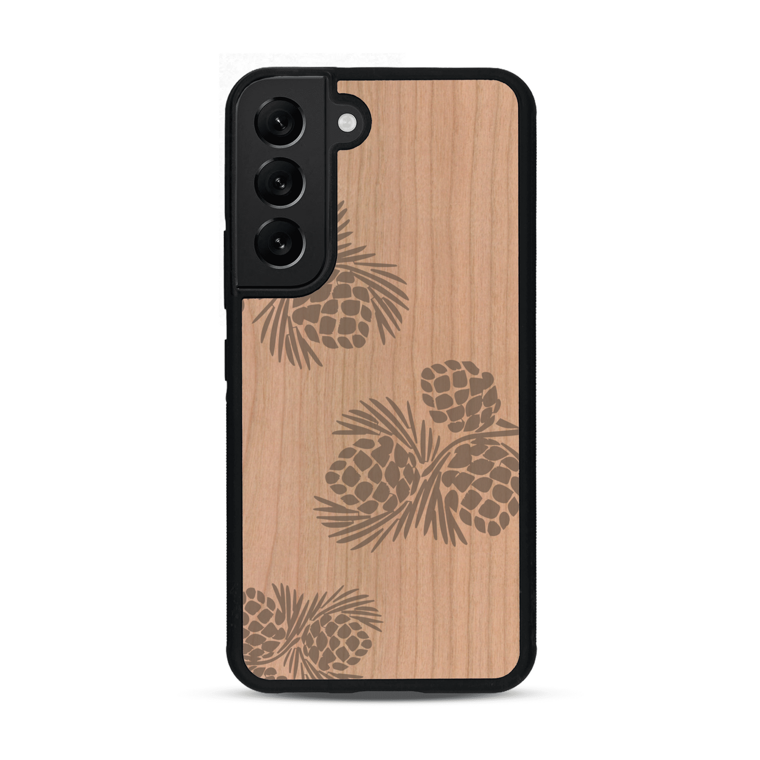 Coque de protection en bois véritable fabriquée en France pour  sur le thème de la nature des arbres avec un motif de gravure représentant des épines de sapin et des pommes de pin