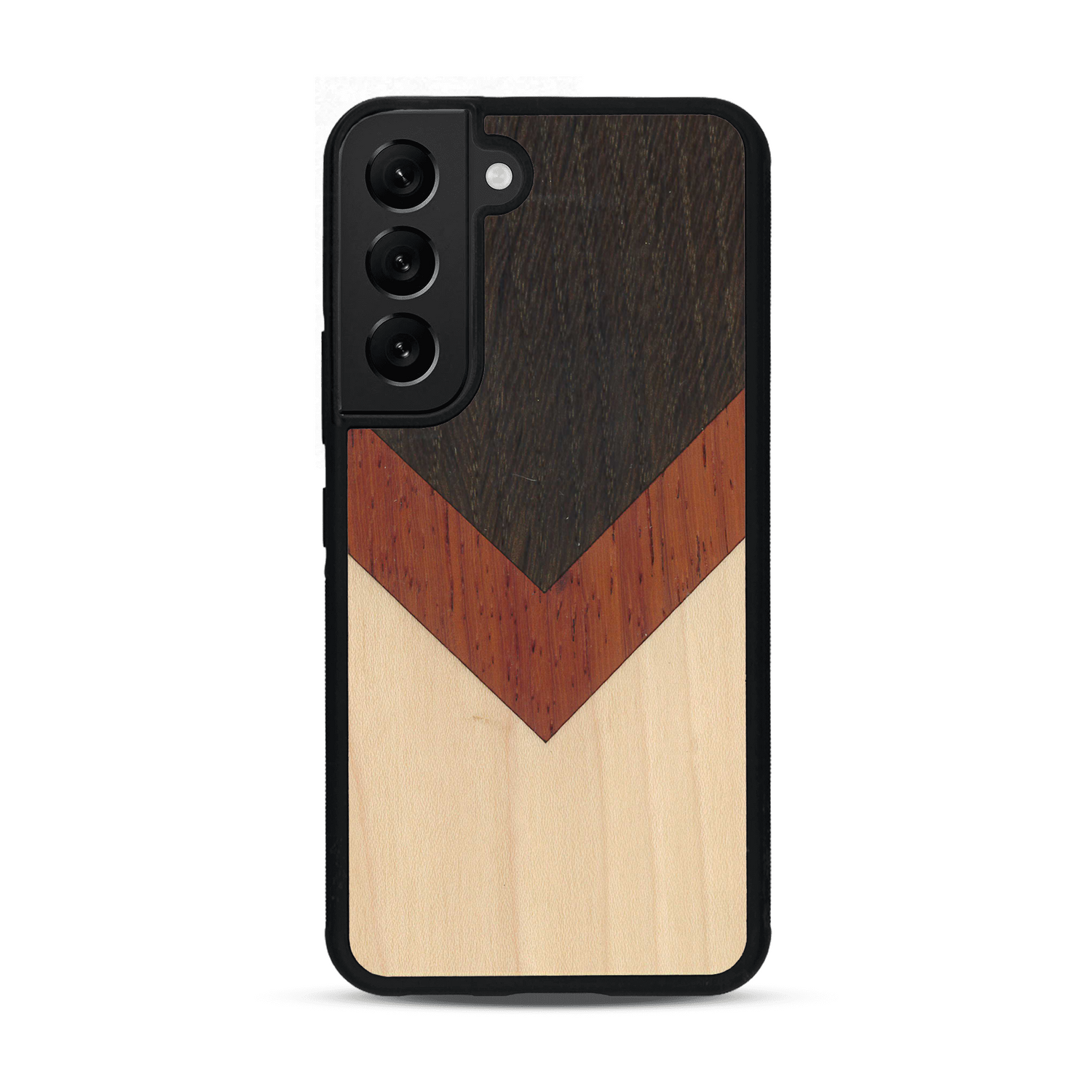 Coque de protection en bois véritable fabriquée en France pour  alliant du chêne fumé, du padouk et du bambou en forme de chevron sur le thème de l'art abstrait