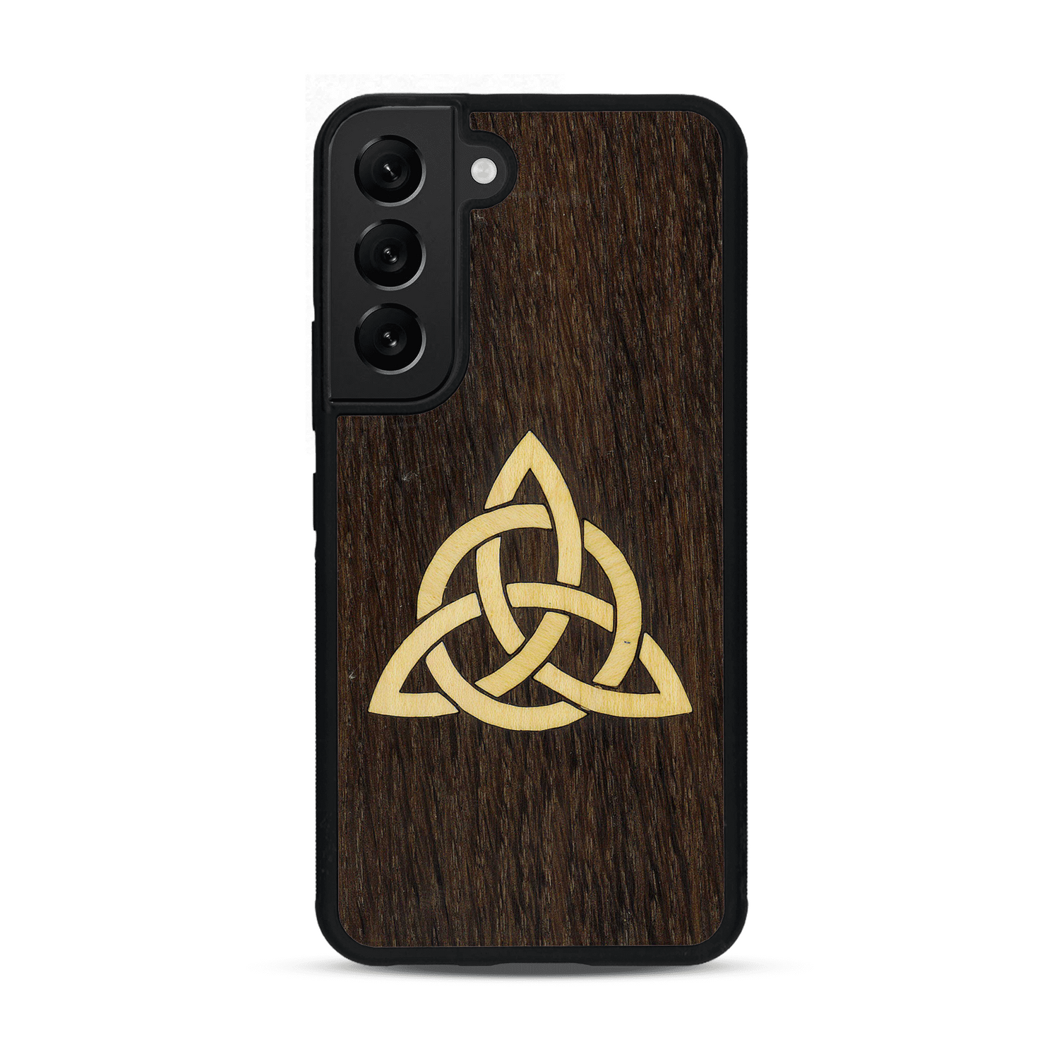 Coque de protection en bois véritable fabriquée en France pour  alliant du chêne fumé et du bambou représentant une triquetra