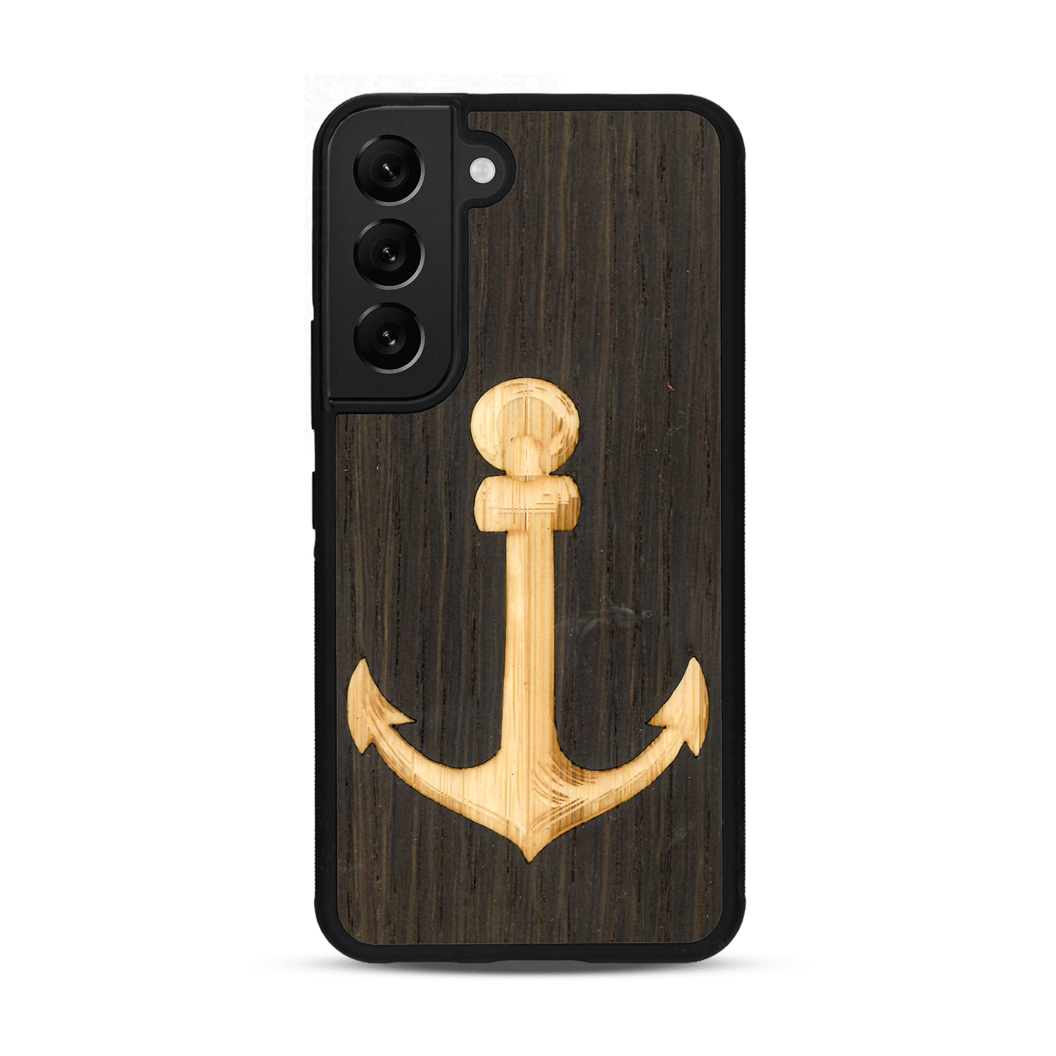 Coque de protection en bois véritable fabriquée en France pour  sur le thème nautique avec un bois clair et un bois foncé représentant une ancre de bateau
