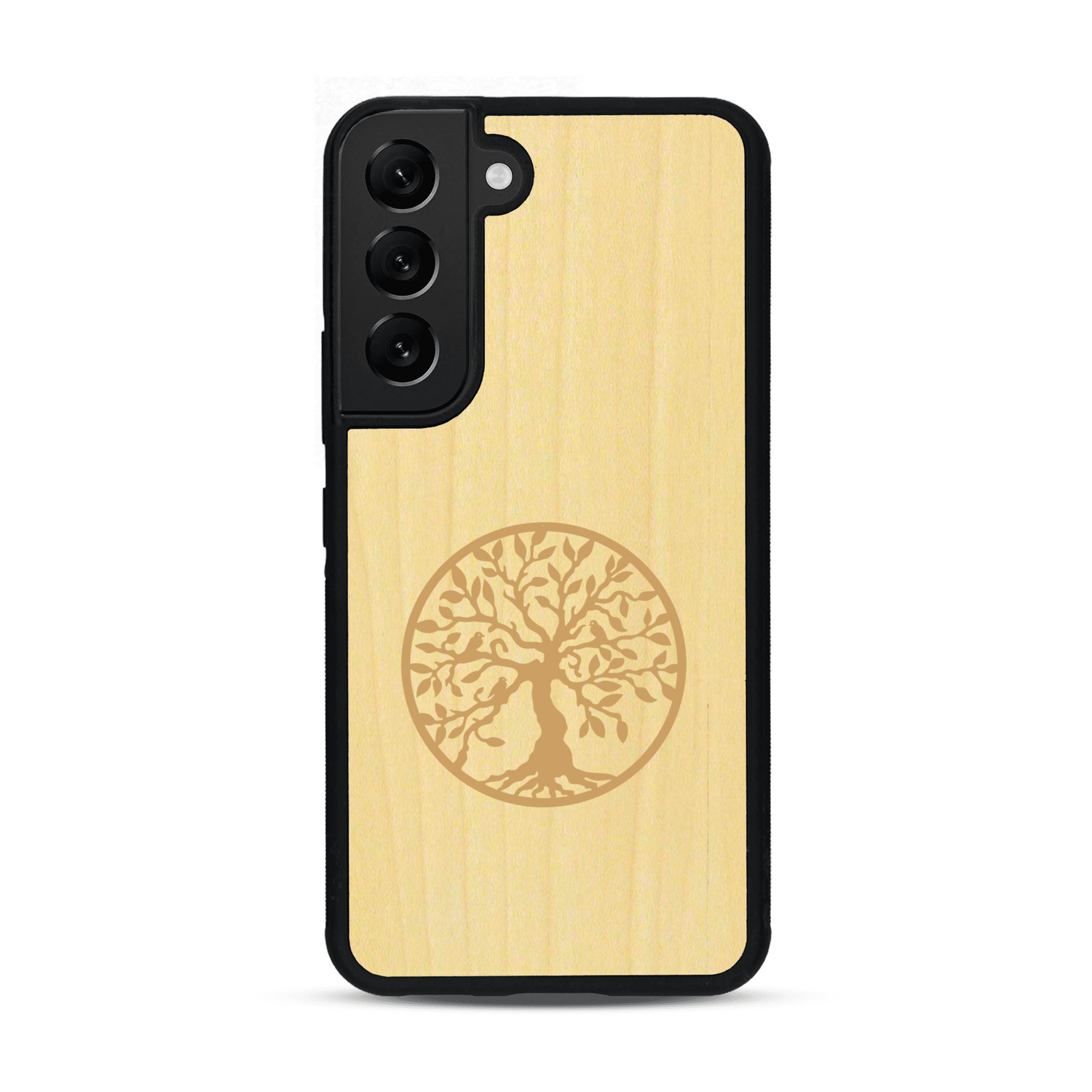 Coque de protection en bois véritable fabriquée en France pour  sur le thème de la spiritualité et du yoga avec une gravure zen représentant un arbre de vie
