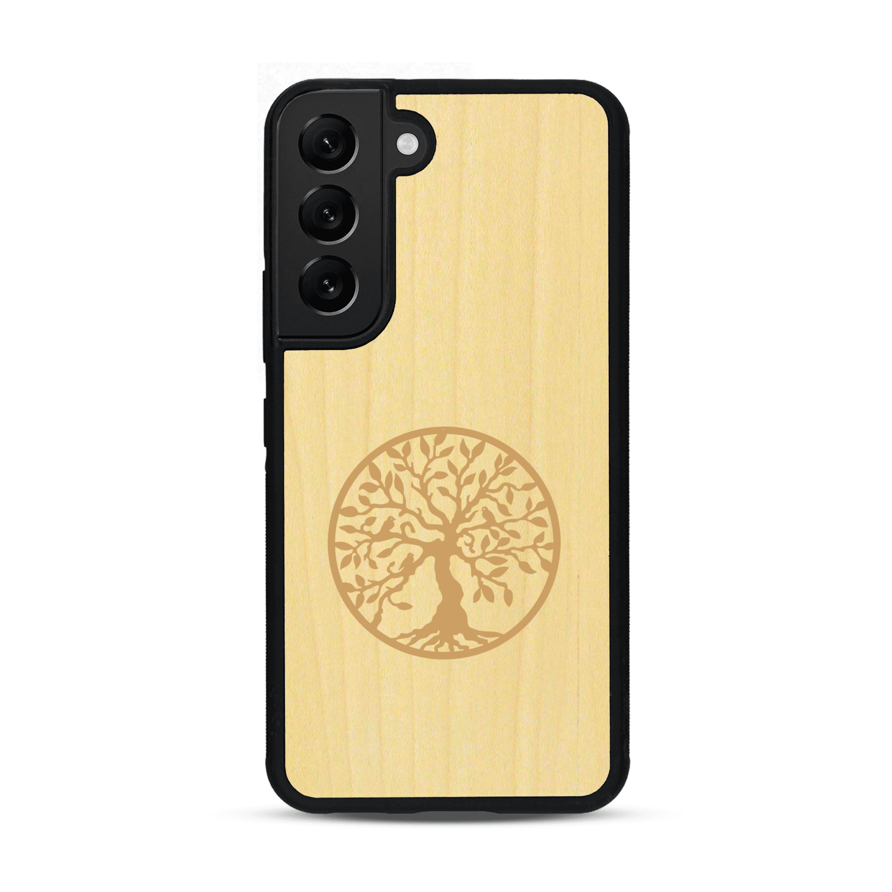 Coque de protection en bois véritable fabriquée en France pour  sur le thème de la spiritualité et du yoga avec une gravure zen représentant un arbre de vie