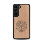 Coque de protection en bois véritable fabriquée en France pour  sur le thème de la spiritualité et du yoga avec une gravure zen représentant un arbre de vie