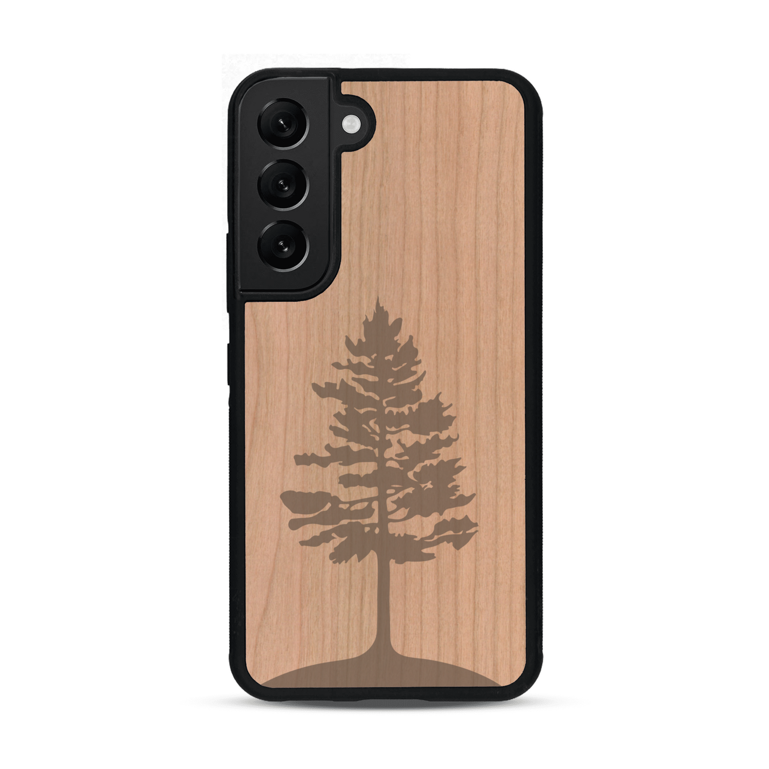 Coque de protection en bois véritable fabriquée en France pour  sur le thème de la nature, de la fôret et de l'écoresponsabilité avec une gravure représentant un arbre 