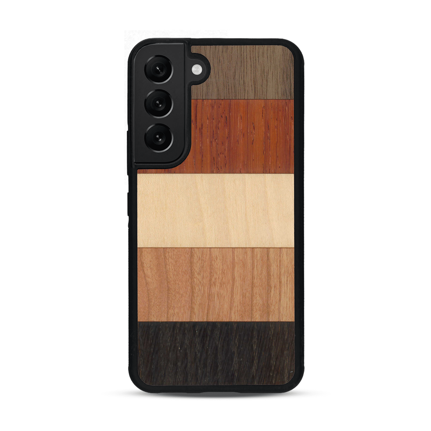 Coque de protection en bois véritable fabriquée en France pour  alliant des bandes horizontales de bambou, merisier, padouk, noyer et chêne fumé