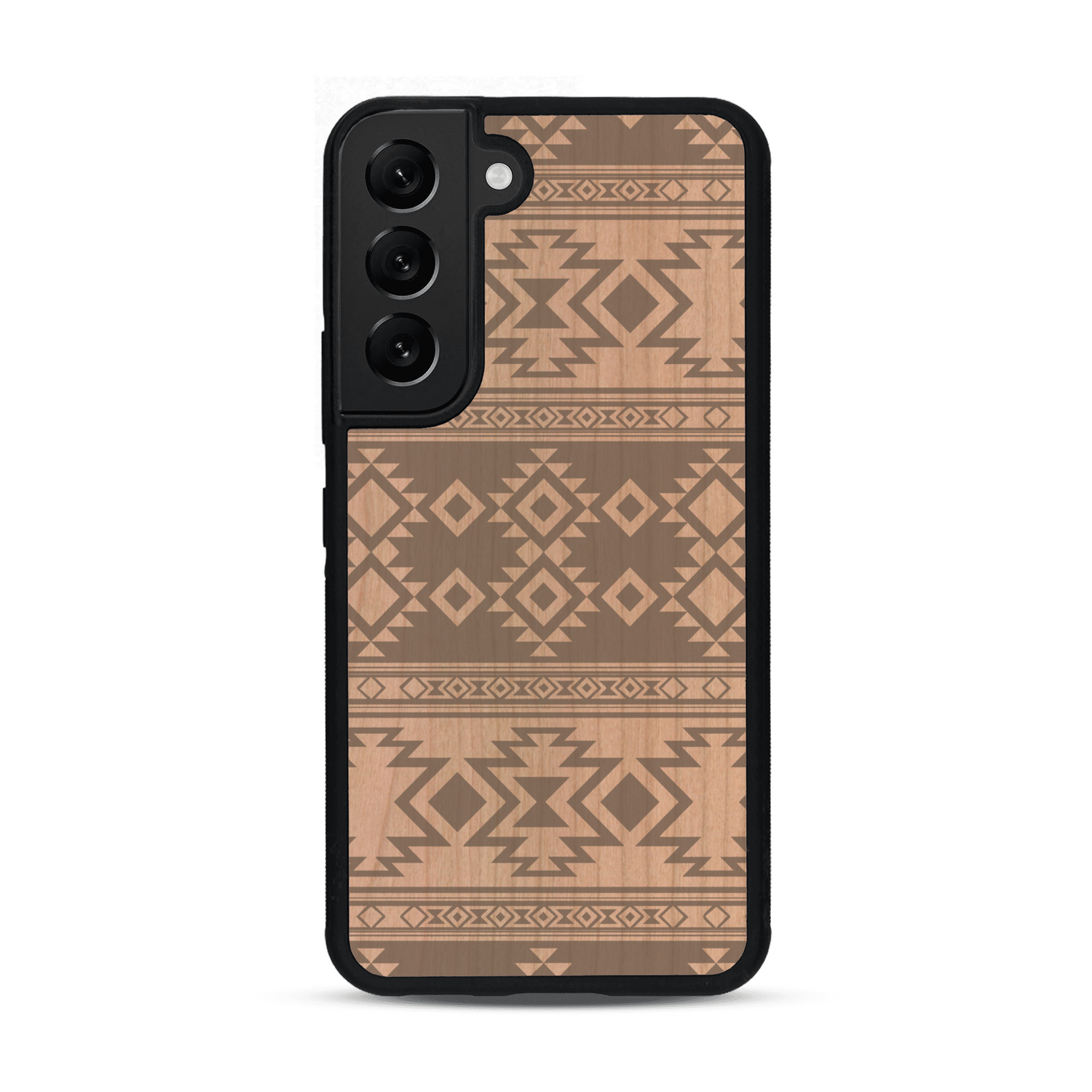 Coque de protection en bois véritable fabriquée en France pour  avec des motifs géométriques s'inspirant des temples aztèques, mayas et incas