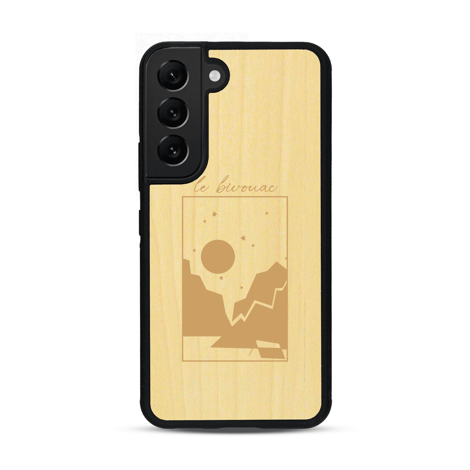 Coque de protection en bois véritable fabriquée en France pour  sur le thème du camping en pleine nature et du bivouac avec la phrase "Aventure is out there"