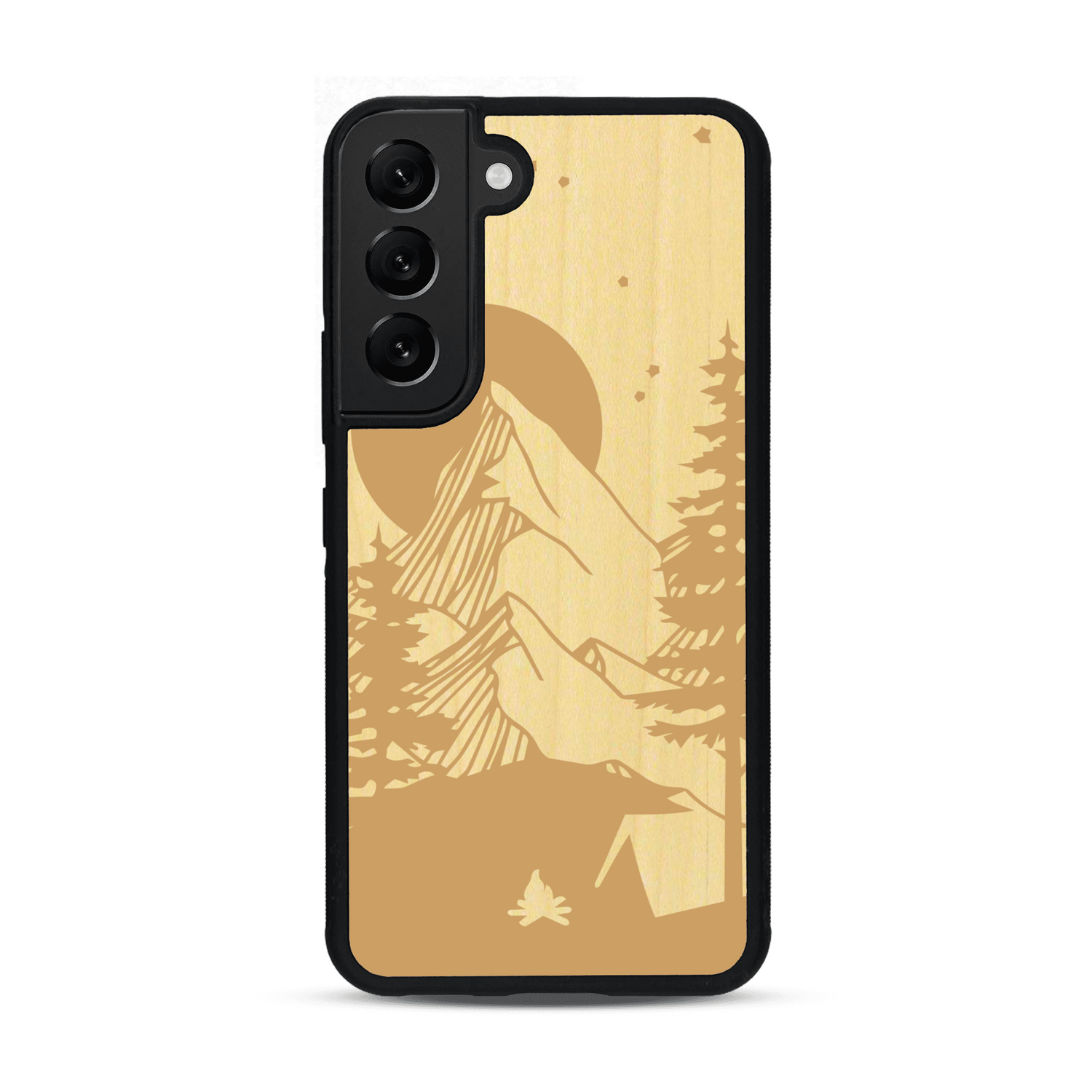 Coque de protection en bois véritable fabriquée en France pour  sur le thème du camping en pleine nature représentant une tente avec un feu de camp entouré de montagnes