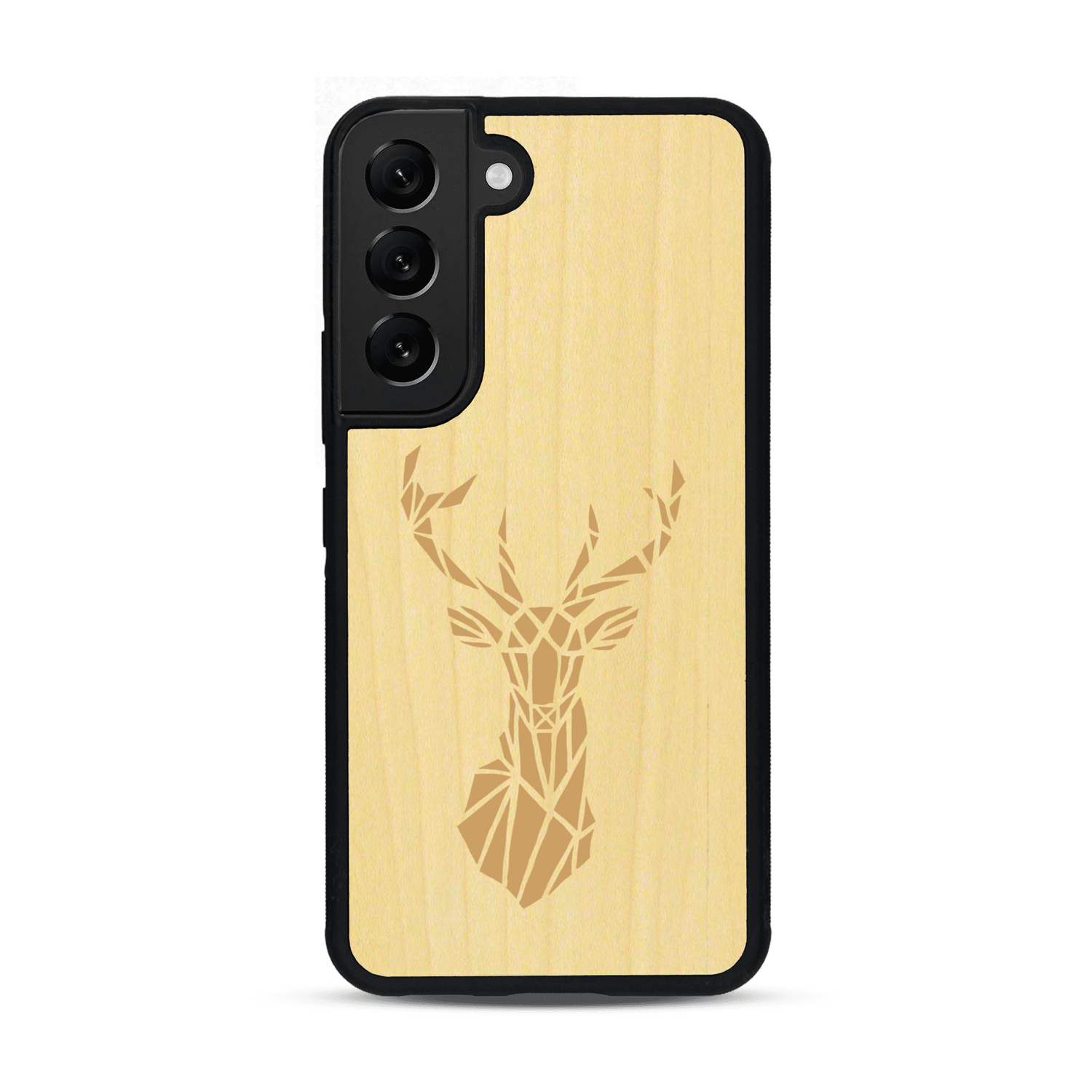 Coque de protection en bois véritable fabriquée en France pour  sur le thème de la nature et des animaux représentant une tête de cerf gométrique avec un design moderne et minimaliste