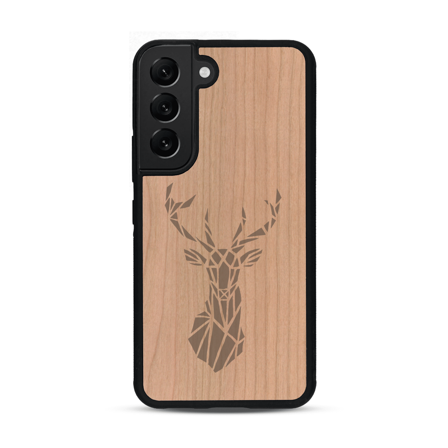 Coque de protection en bois véritable fabriquée en France pour  sur le thème de la nature et des animaux représentant une tête de cerf gométrique avec un design moderne et minimaliste