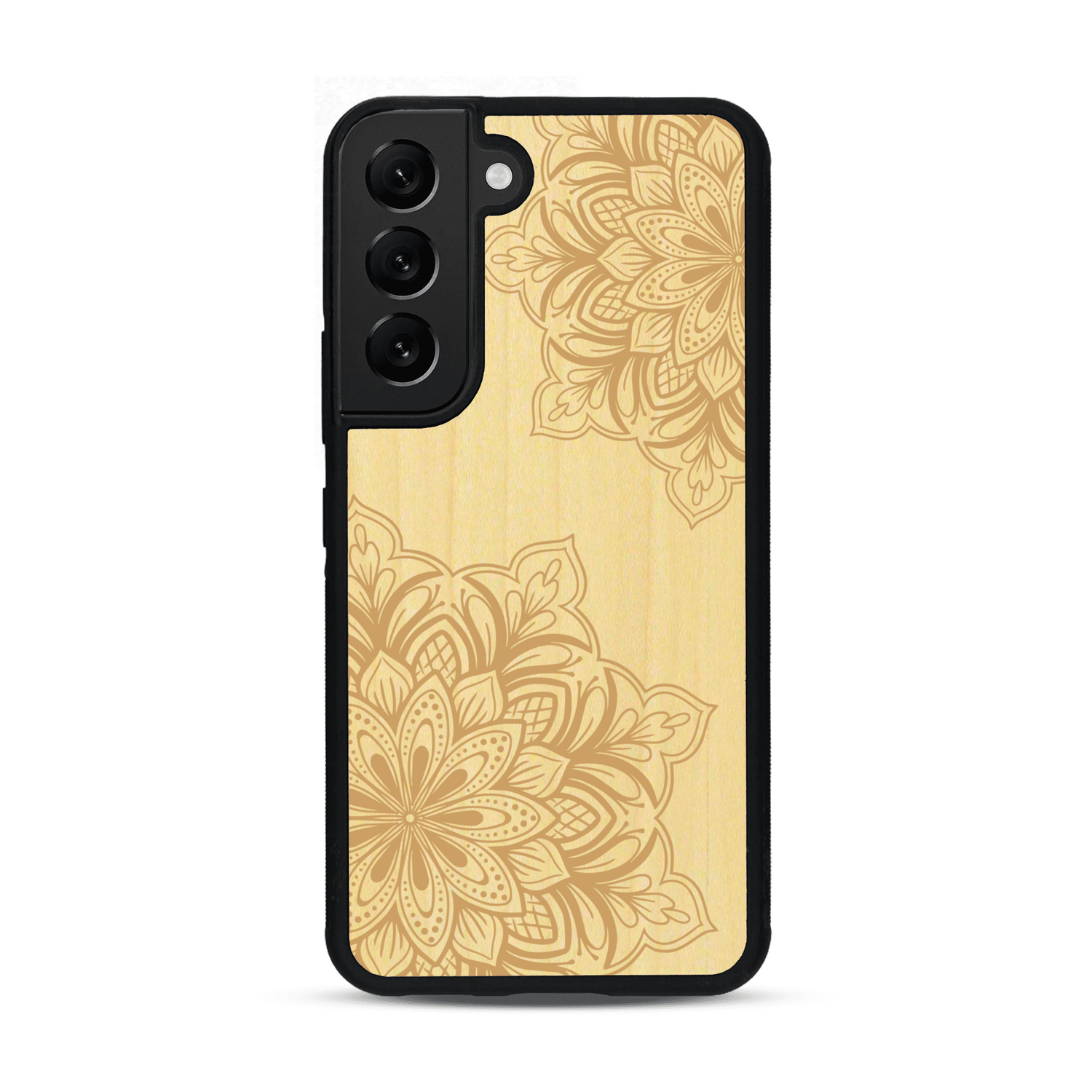 Coque de protection en bois véritable fabriquée en France pour  sur le thème de la bohème et du tatouage au henné avec une gravure représentant un mandala
