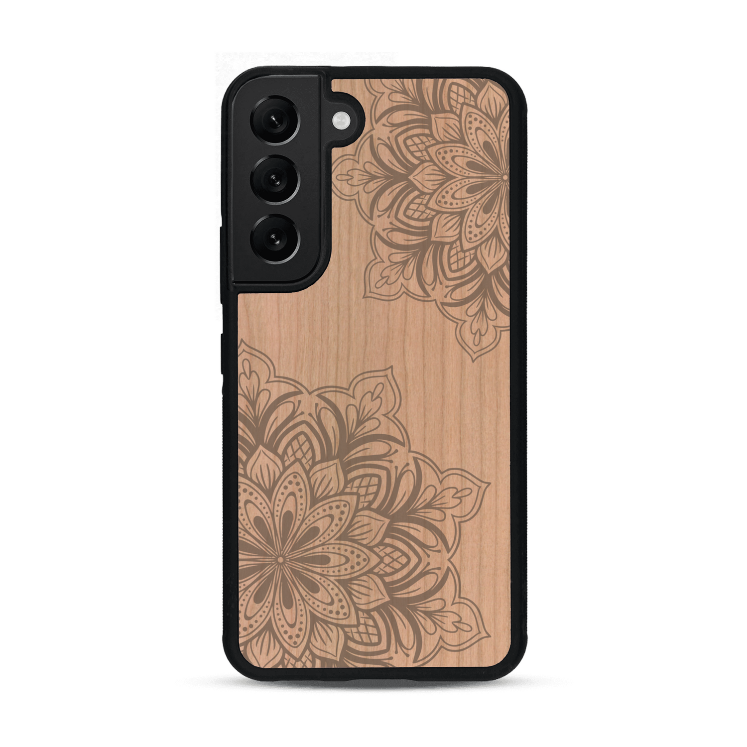 Coque de protection en bois véritable fabriquée en France pour  sur le thème de la bohème et du tatouage au henné avec une gravure représentant un mandala