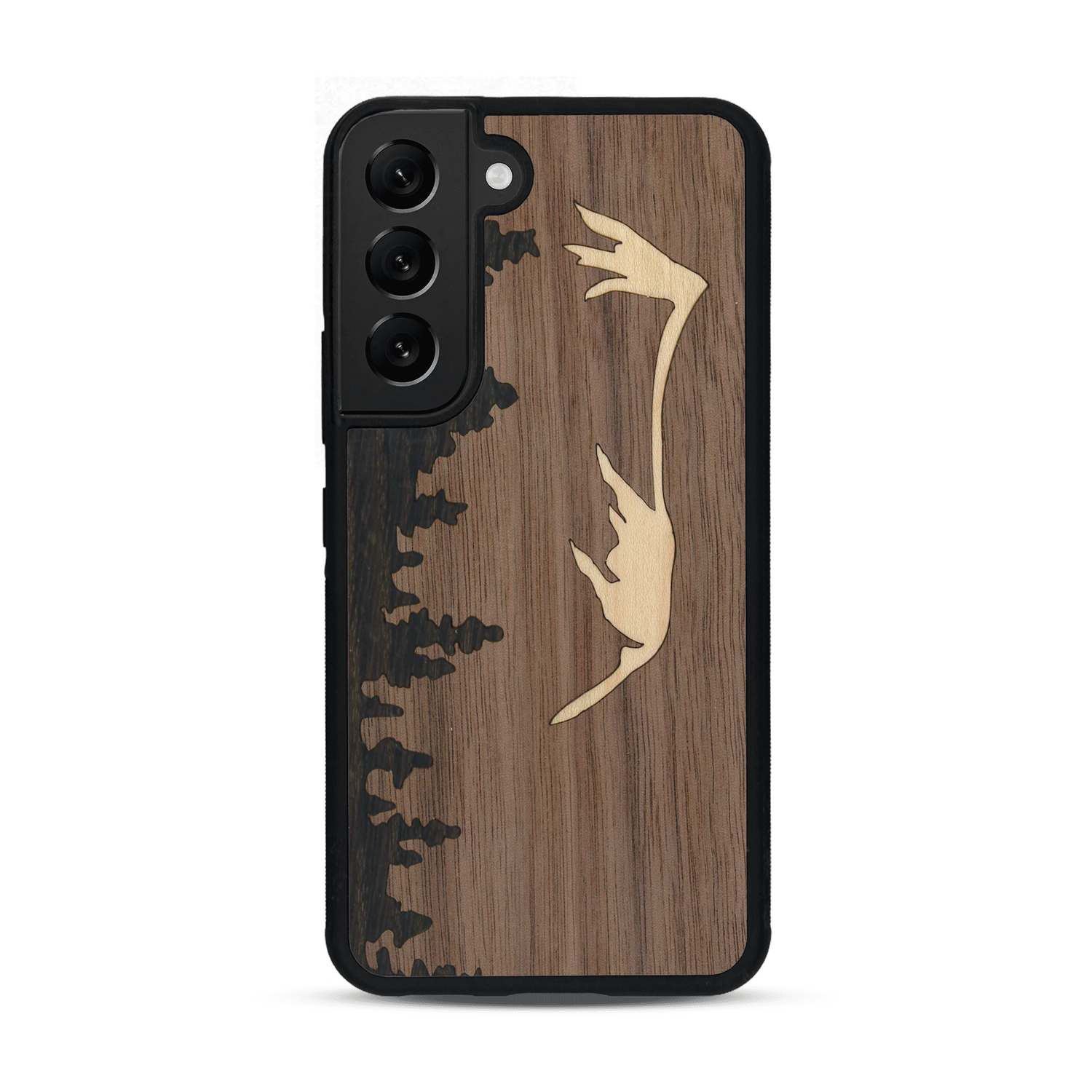 Coque de protection en bois véritable fabriquée en France pour  sur le thème de la nature et de la montagne qui allie du chêne fumé, du noyer et du bambou représentant le mont mézenc