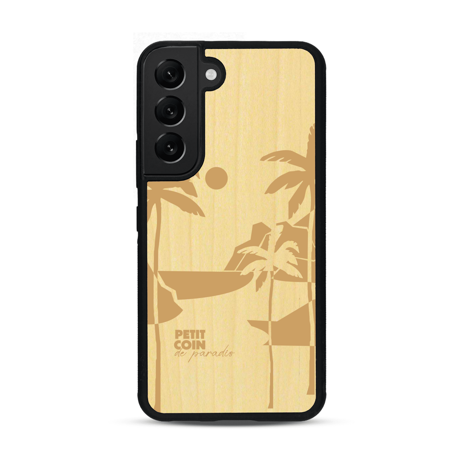 Coque de protection en bois véritable fabriquée en France pour  sur le thème des voyages en vans, vanlife et chill avec une gravure représentant un van vw combi devant le soleil couchant sur une plage avec des vagues