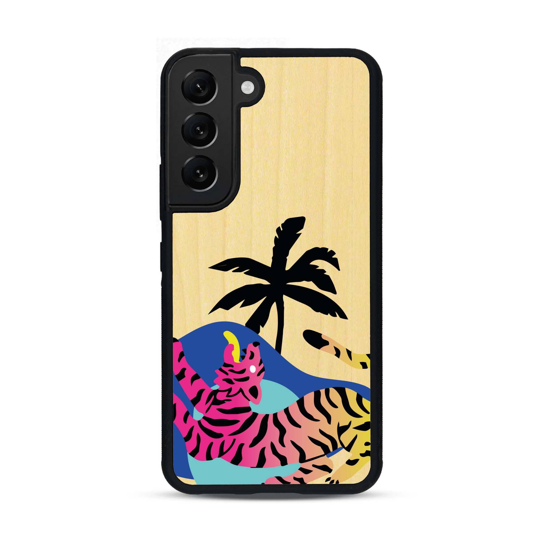 Coque de protection en bois véritable fabriquée en France pour Samsung S22 représentant un tigre coloré avec un design moderne et minimaliste sur le thème de la jungle et de la nature