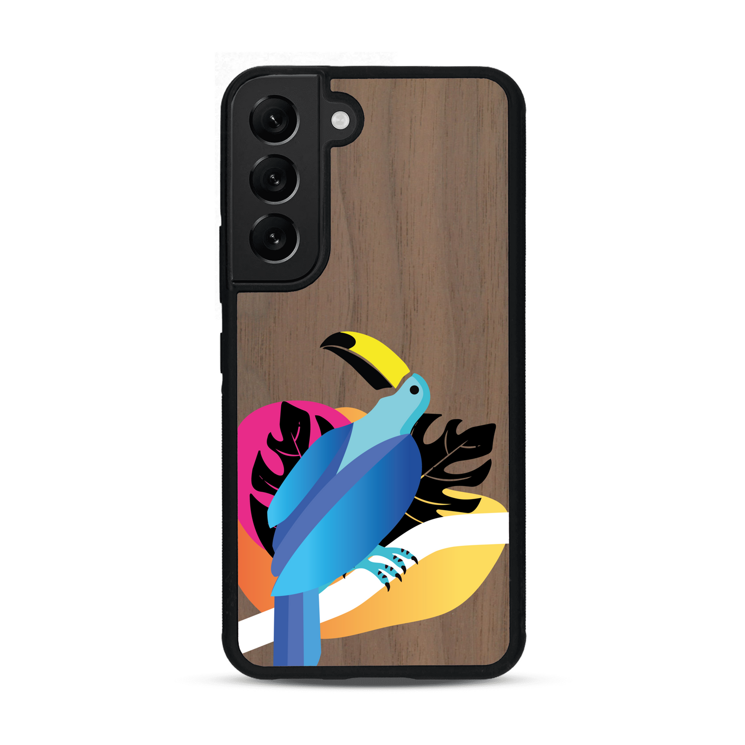 Coque de protection en bois véritable fabriquée en France pour Samsung S22 représentant un toucan coloré avec un design moderne et minimaliste sur le thème de la jungle et de la nature