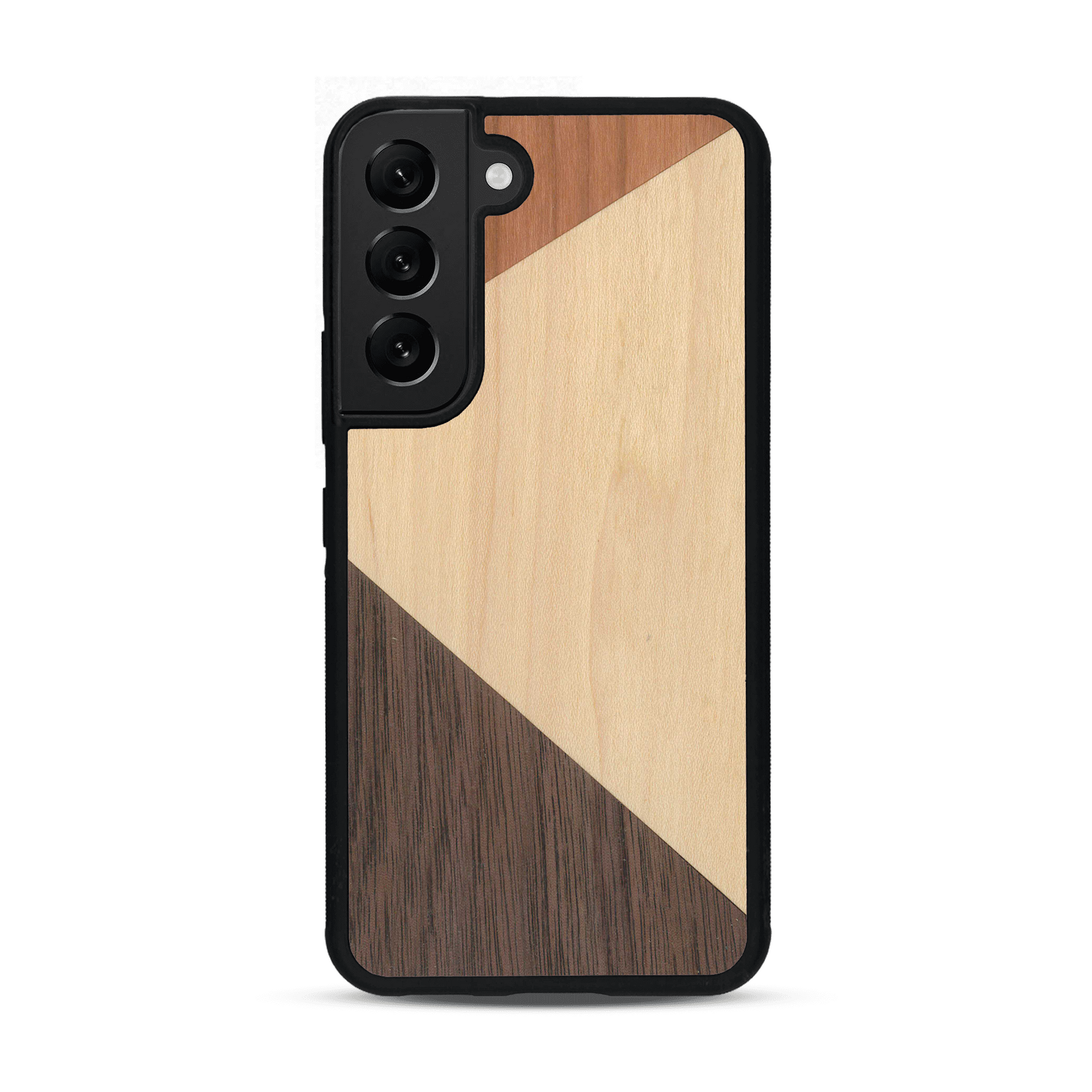 Coque de protection en bois véritable fabriquée en France pour  alliant du merisier, du noyer et du bambou formant chacun deux triangles et un trapèze avec deux jointures en diagonale sur le thème de l'art abstrait