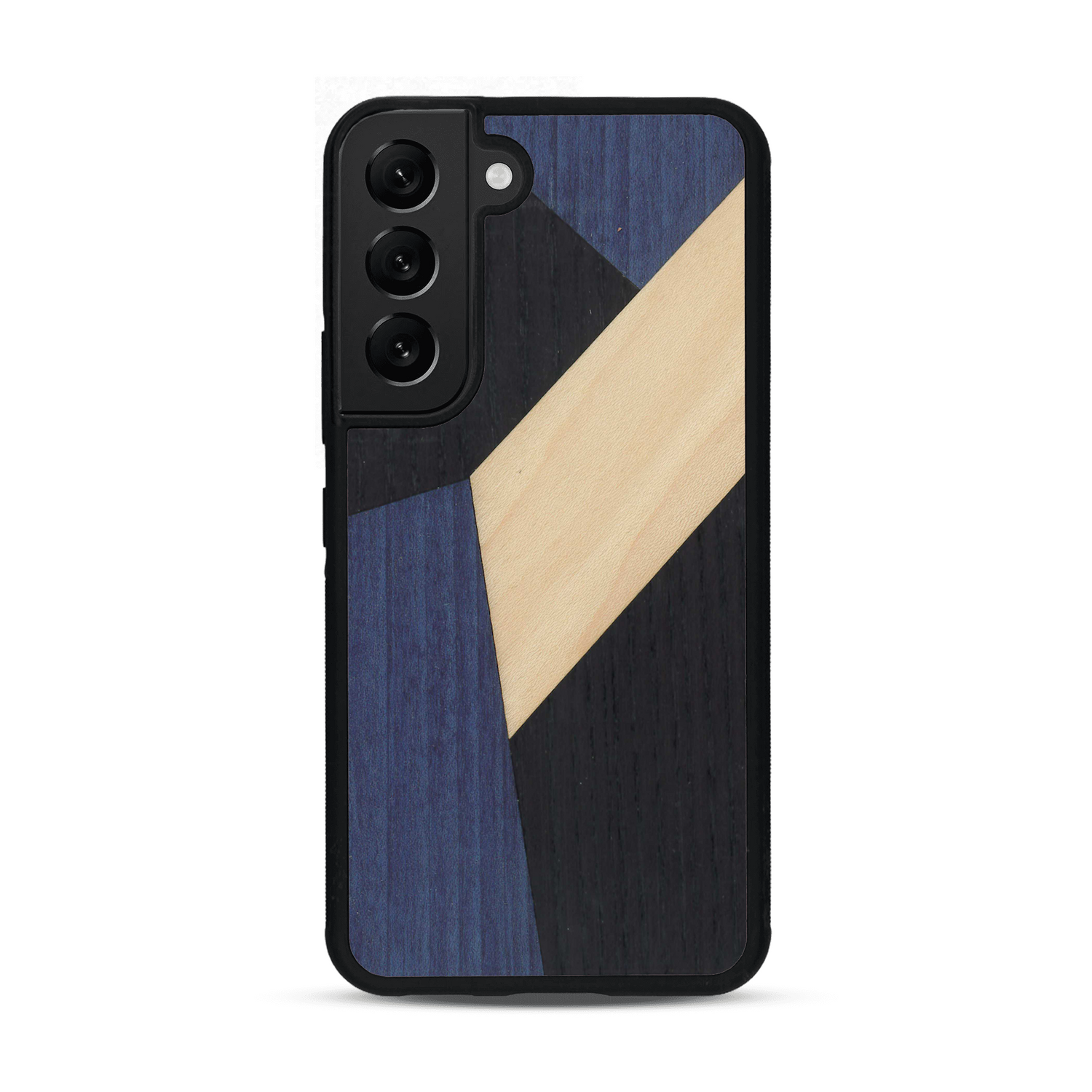 Coque de protection en bois véritable fabriquée en France pour  alliant du bambou, du tulipier bleu et noir en forme de mosaïque minimaliste sur le thème de l'art abstrait