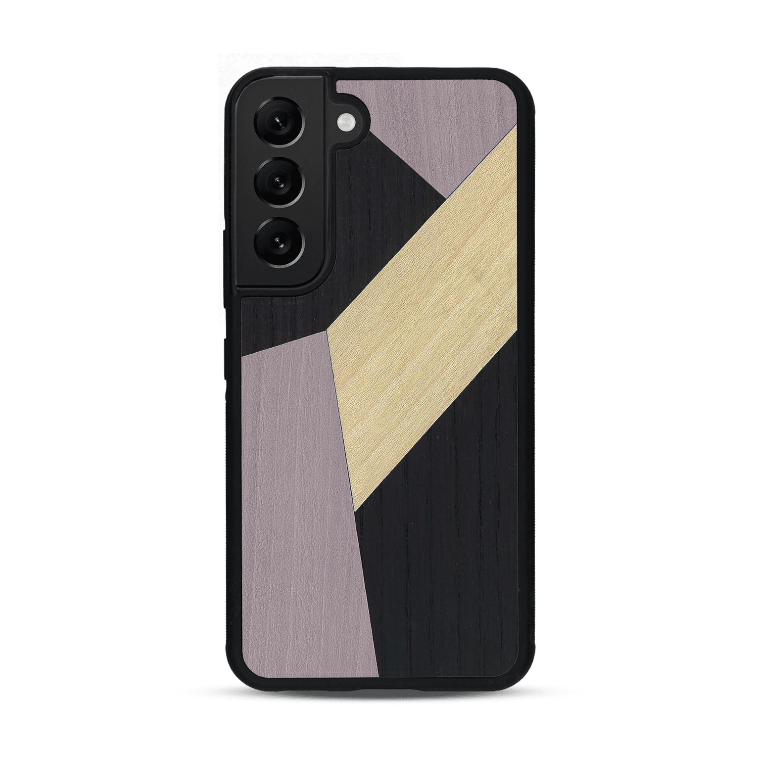 Coque de protection en bois véritable fabriquée en France pour  alliant du bambou, du tulipier mauve et noir en forme de mosaïque minimaliste sur le thème de l'art abstrait