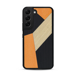 Coque de protection en bois véritable fabriquée en France pour  alliant du bambou, du tulipier orange et noir en forme de mosaïque minimaliste sur le thème de l'art abstrait